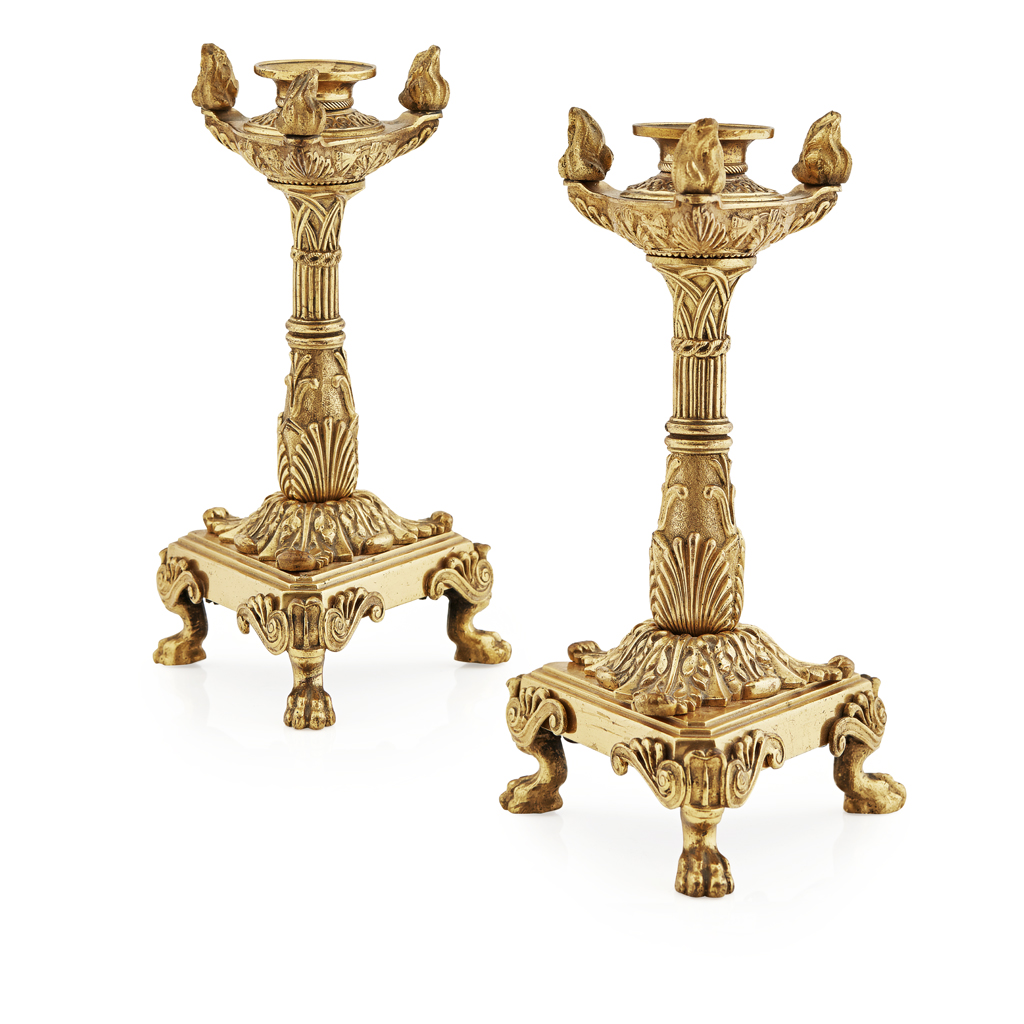 PAIR OF FRENCH EMPIRE GILT BRONZE CANDLESTICKS