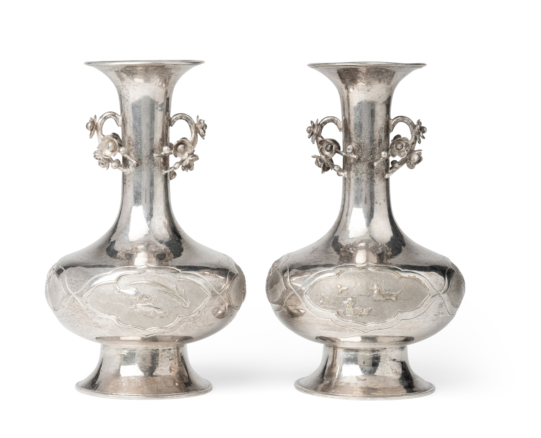 PAIR OF CHINESE EXPORT SILVER PRUNUS-HANDLED VASES