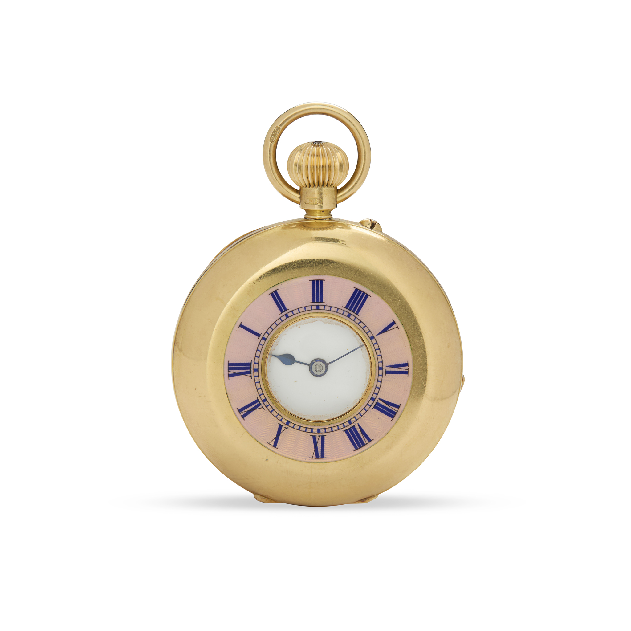 A fine 18k gold and enamel half-hunter keyless fob watch