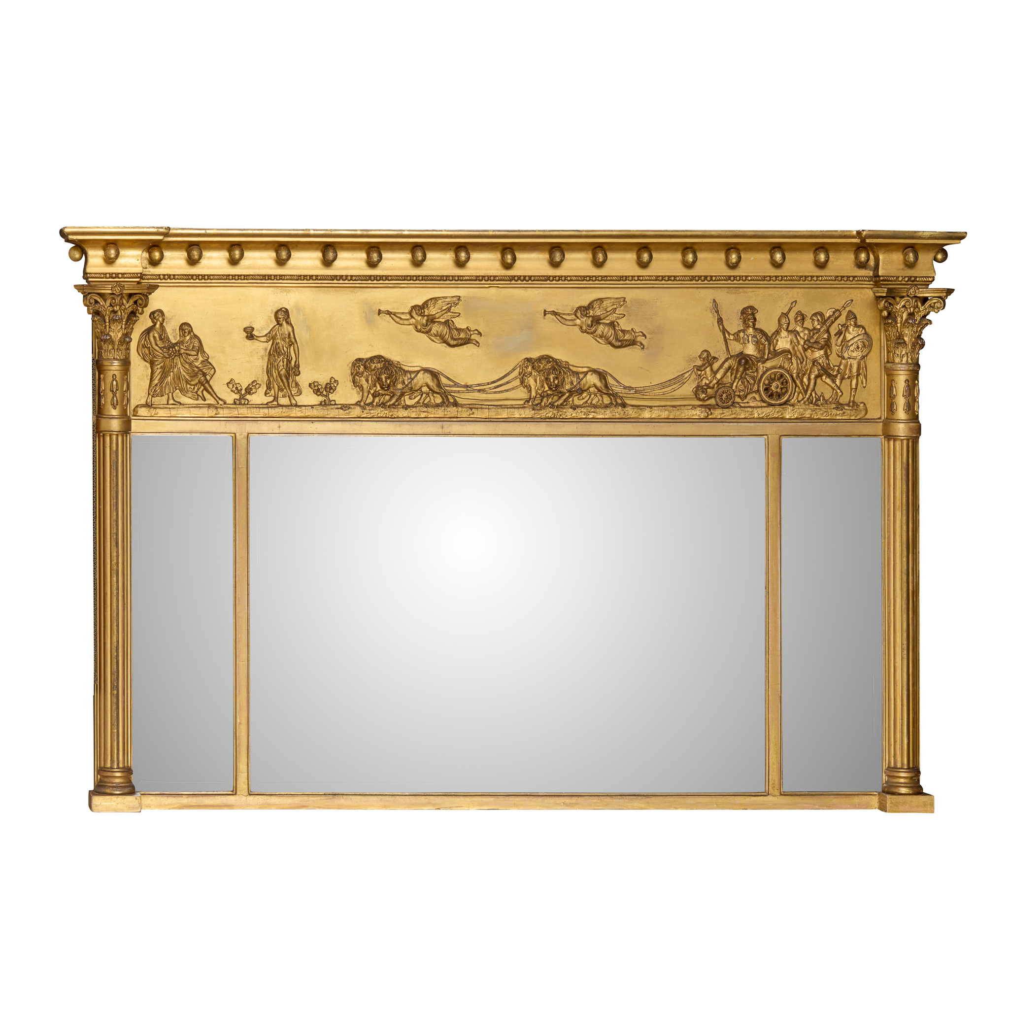 REGENCY GILT AND GESSO TRIPLE PLATE OVERMANTEL MIRROR