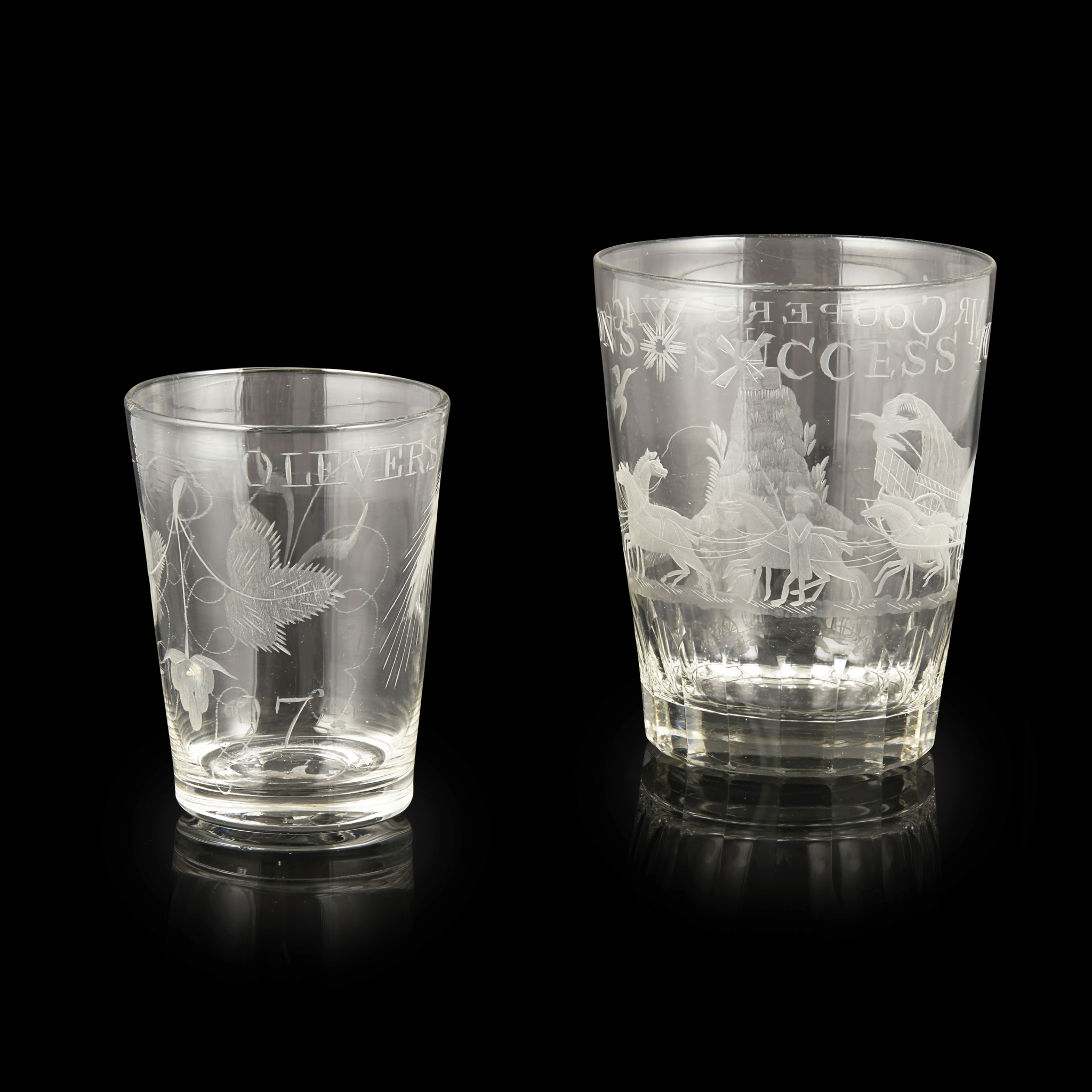 TWO ENGRAVED GLASS TUMBLERS