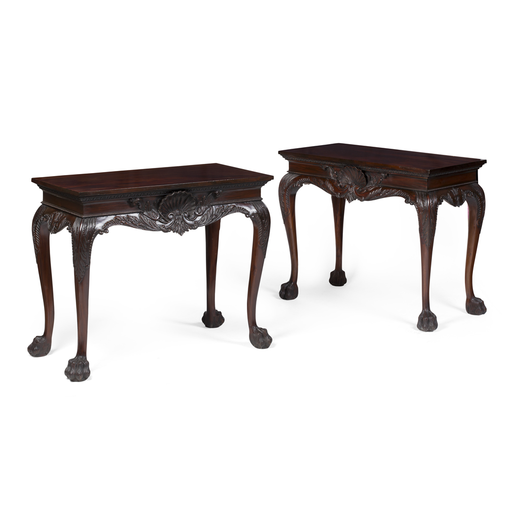 PAIR OF IRISH GEORGE III STYLE MAHOGANY SIDE TABLES, IN THE MANNER OF JAMES HICKS OF DUBLIN