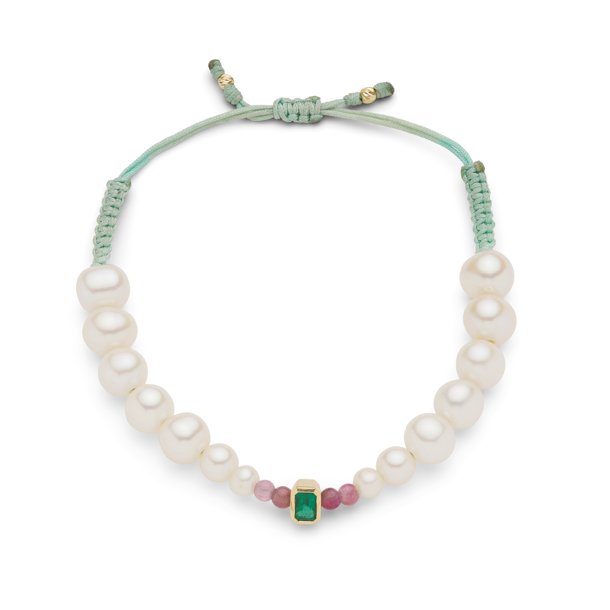 A cultured pearl, pink tourmaline and emerald bracelet