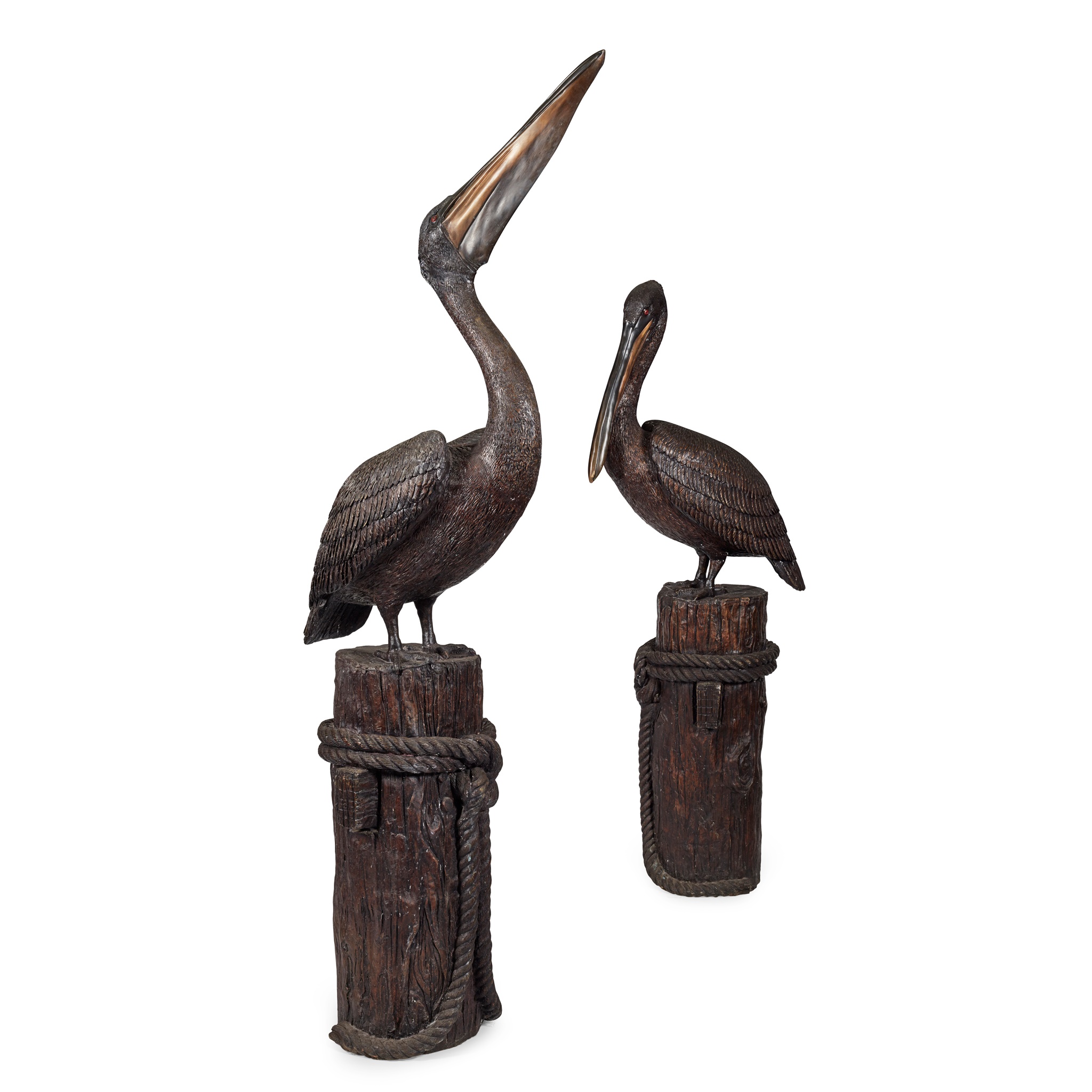 PAIR OF LARGE PATINATED BRONZE FIGURES OF GREAT WHITE PELICANS