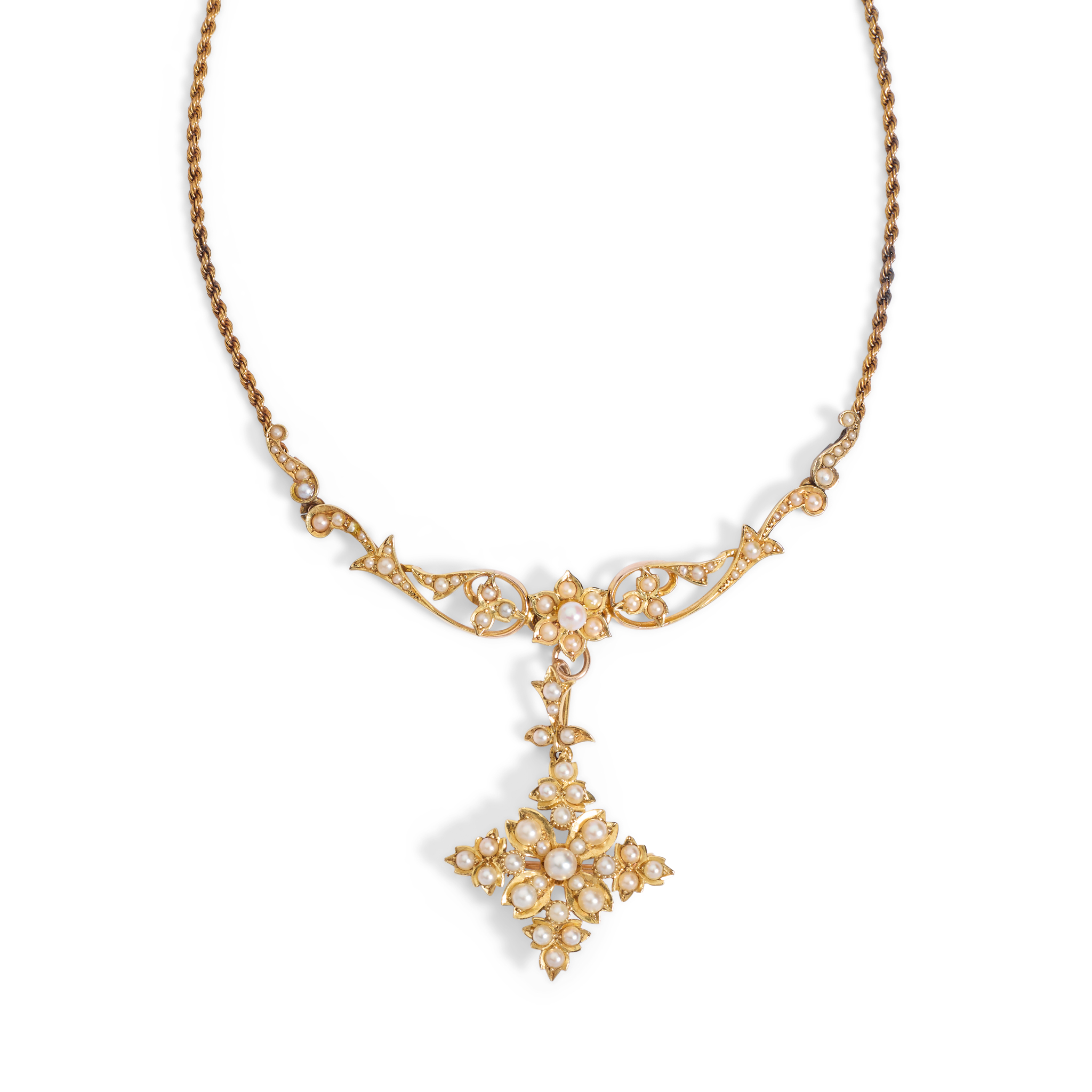 A late 19th century seed pearl necklace and matching pendant