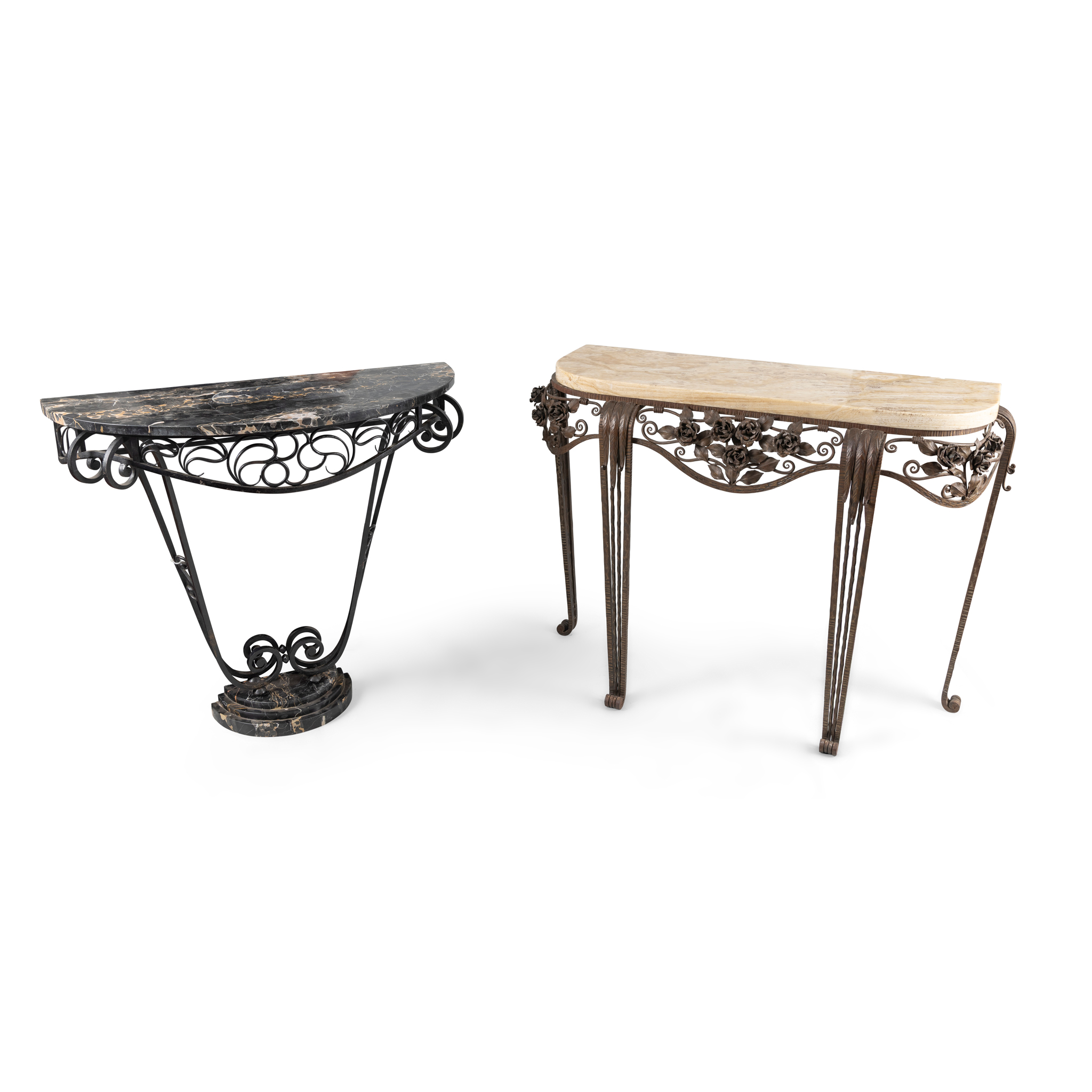 TWO MARBLE TOP CONSOLE TABLES