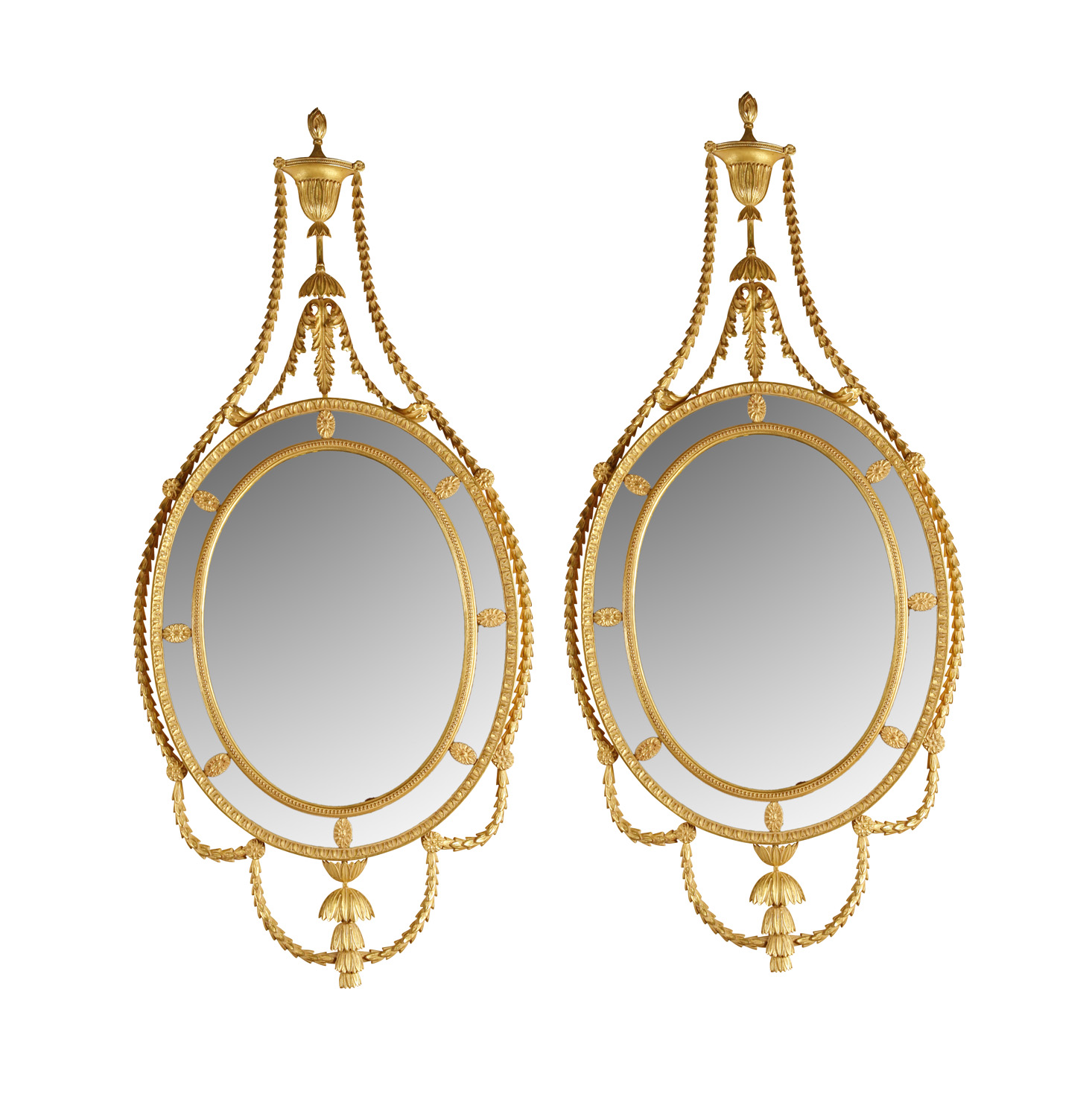 PAIR OF ADAM STYLE CARVED GILTWOOD MIRRORS