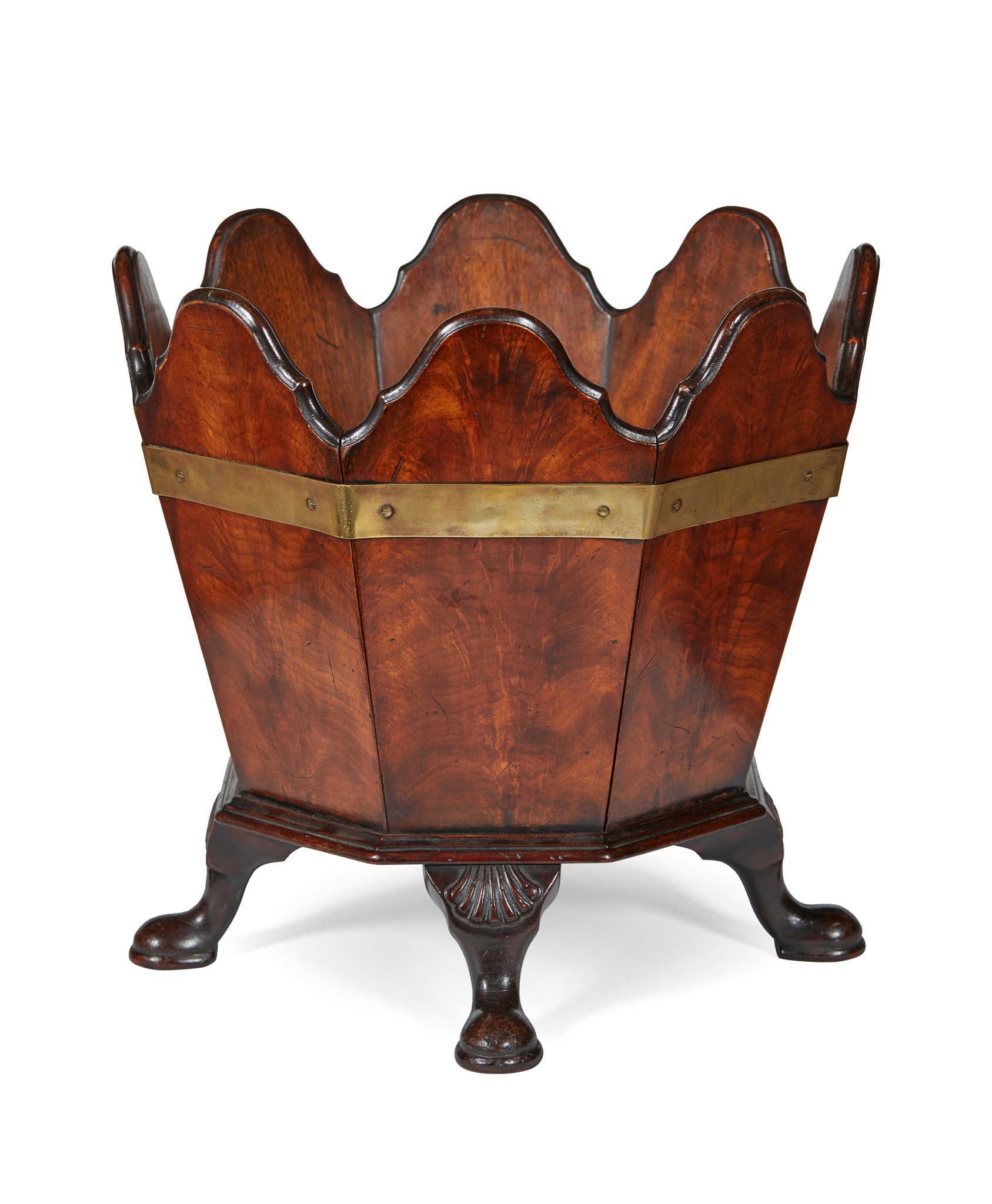 GEORGIAN STYLE OCTAGONAL MAHOGANY BRASS BANDED JARDINIERE