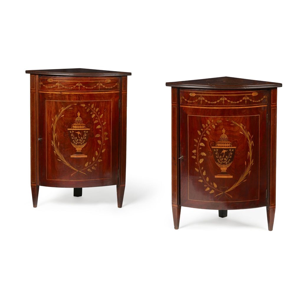 PAIR OF GEORGE III MAHOGANY AND MARQUETRY CORNER CABINETS