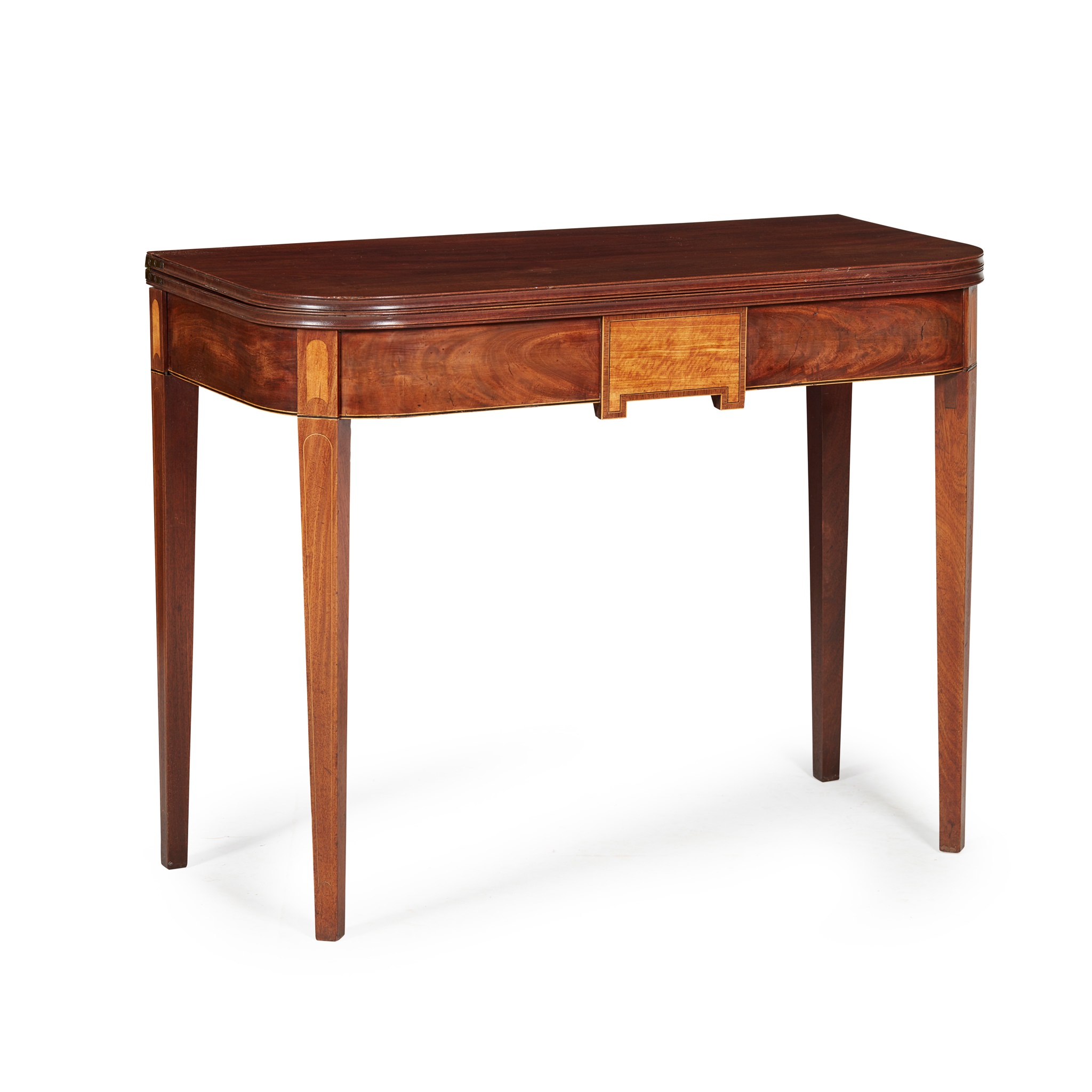 LATE GEORGE III SCOTTISH MAHOGANY AND SATINWOOD FOLD-OVER TEA TABLE