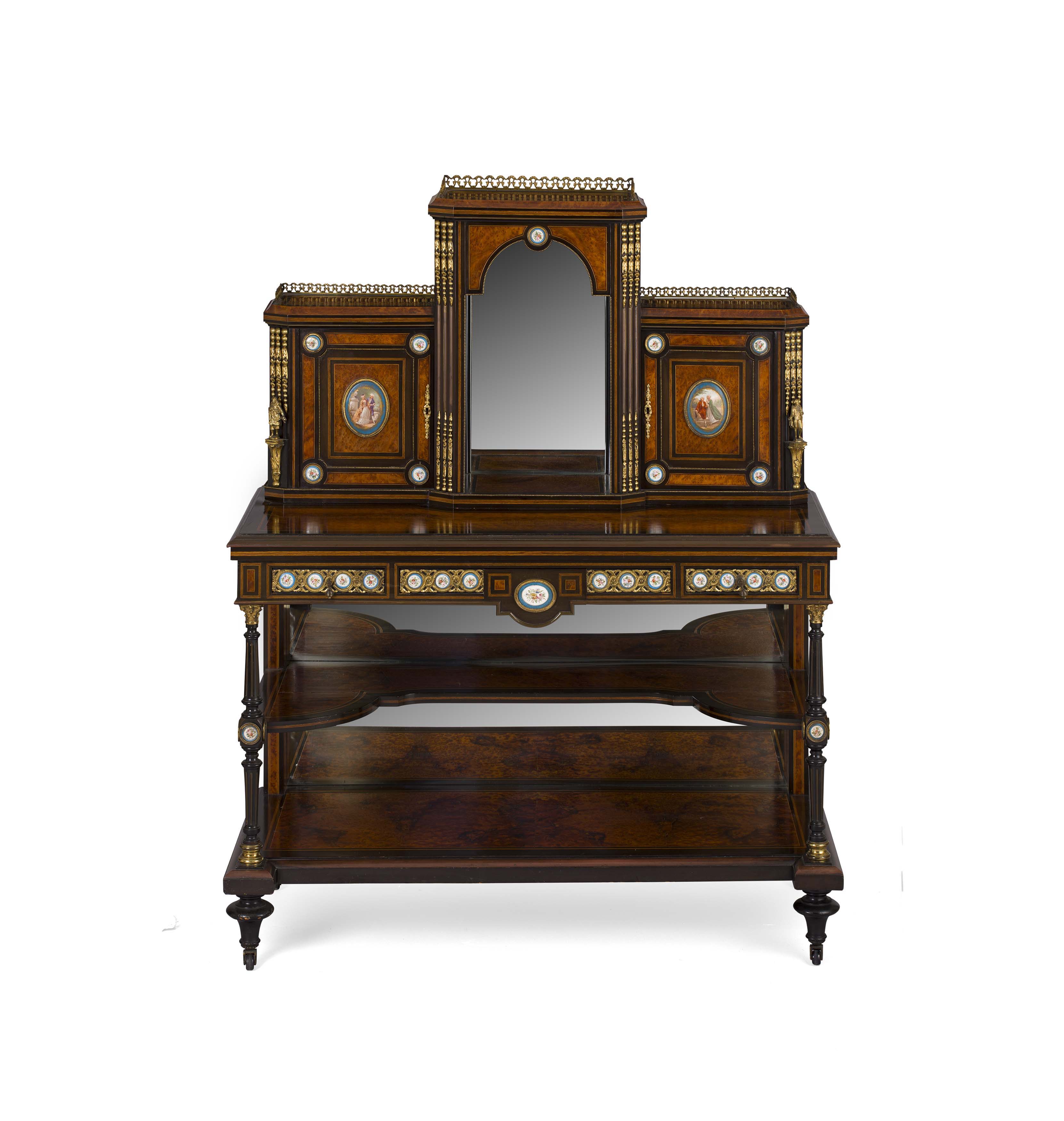 VICTORIAN AMBOYNA, EBONISED AND PORCELAIN MOUNTED CABINET