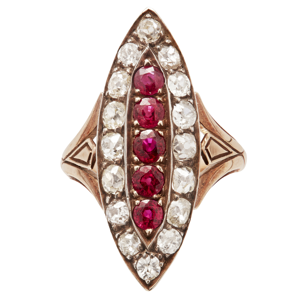 A ruby and diamond set ring