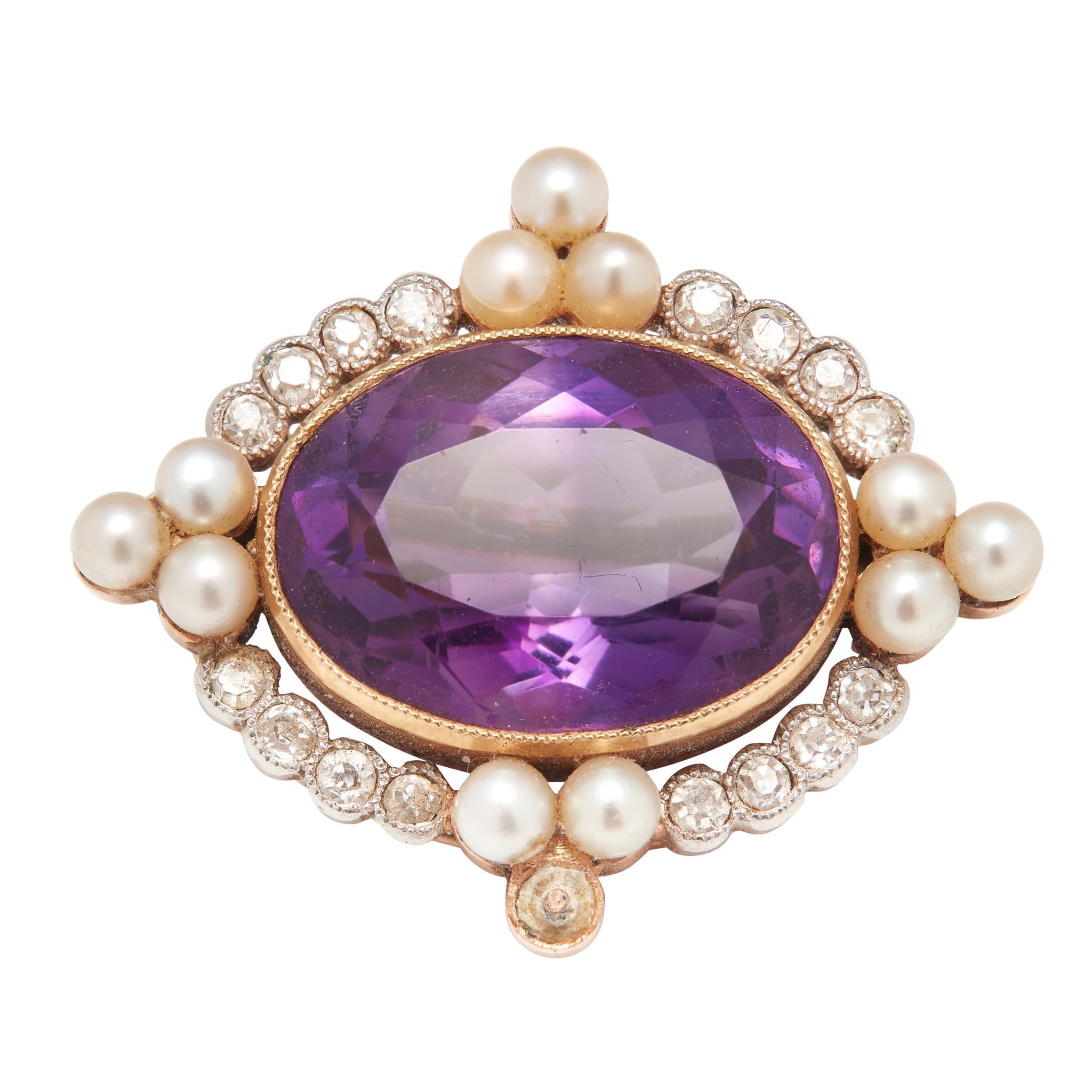 An amethyst, diamond and pearl set brooch