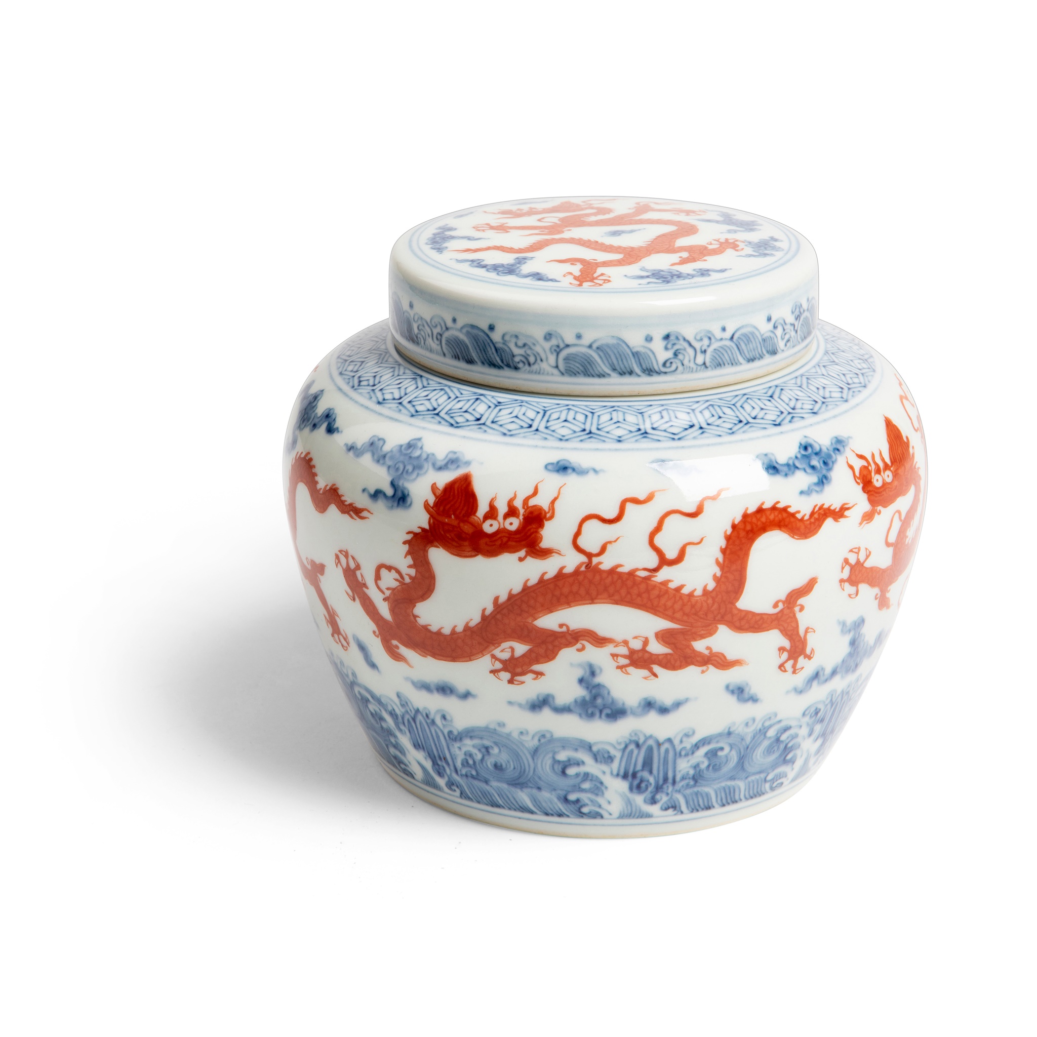 BLUE AND WHITE WITH IRON-RED 'DRAGON' LIDDED JAR