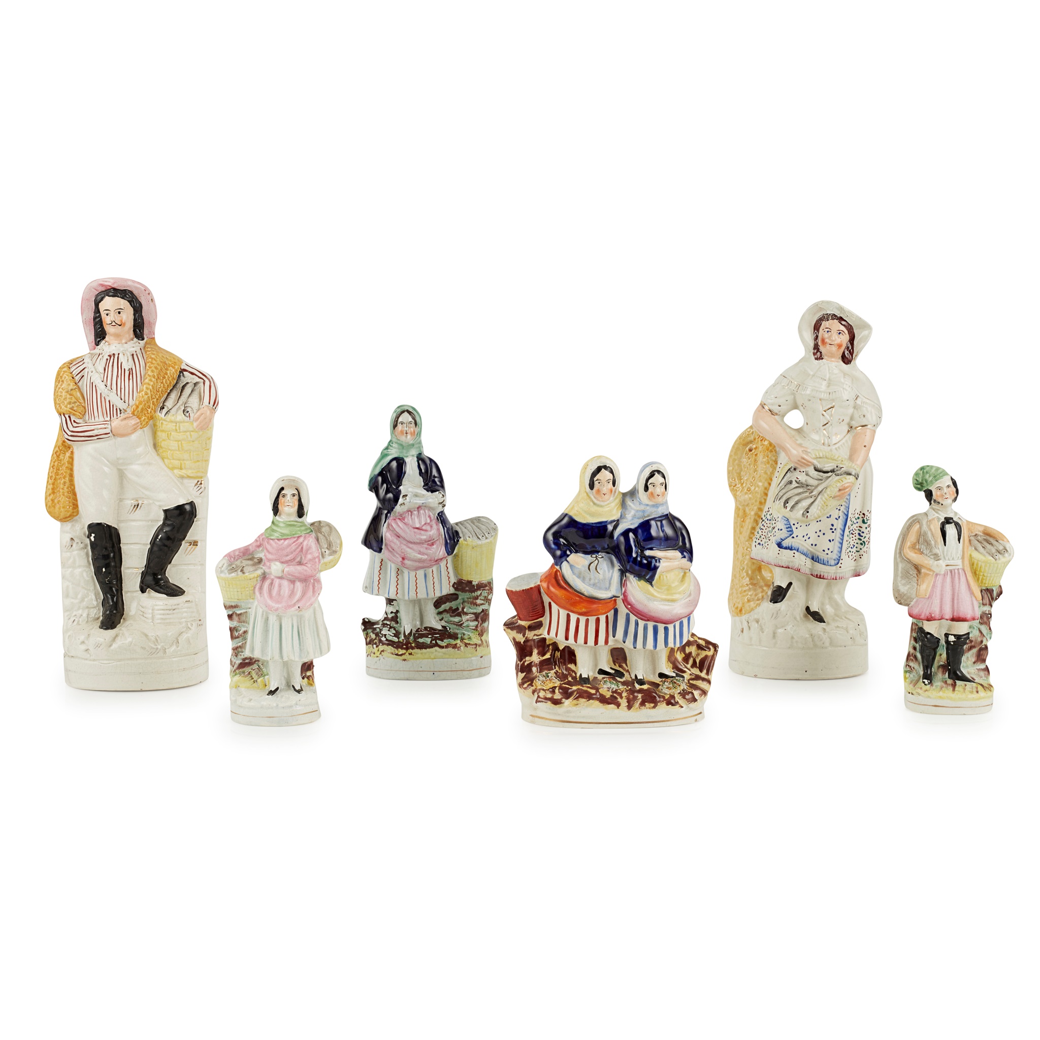 SIX STAFFORDSHIRE FIGURES OF FISHERMEN AND WOMEN