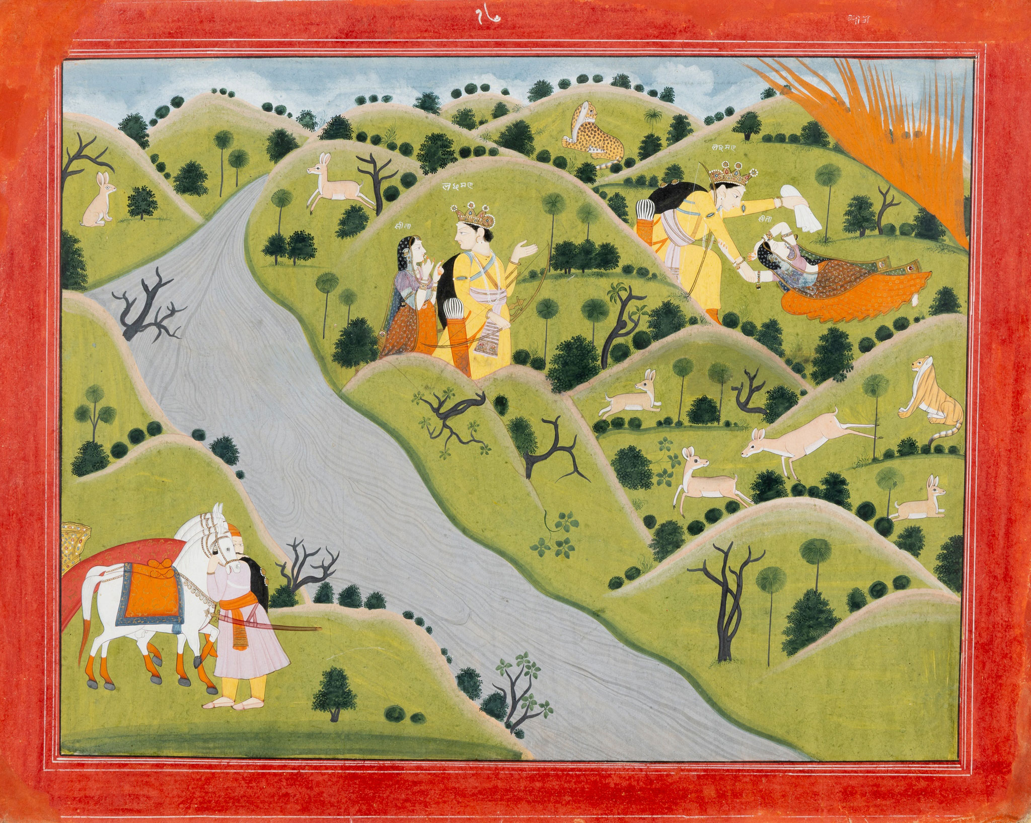 AN ILLUSTRATION FROM THE 'NADAUN' RAMAYANA: LAKSHMANA ATTENDING TO SITA IN A HILLY FOREST