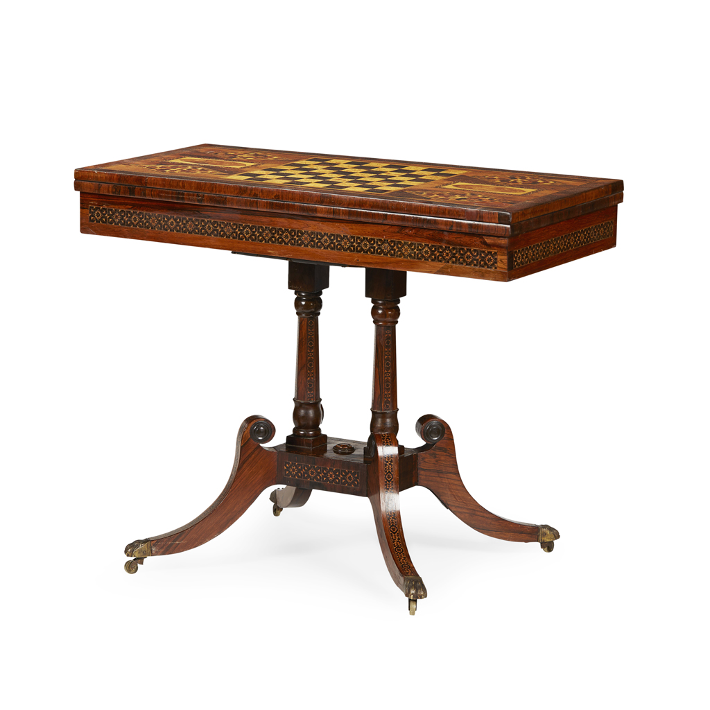 FINE VICTORIAN ROSEWOOD AND TUNBRIDGEWARE FOLD-OVER GAMES TABLE, ATTRIBUTED TO EDMUND NYE