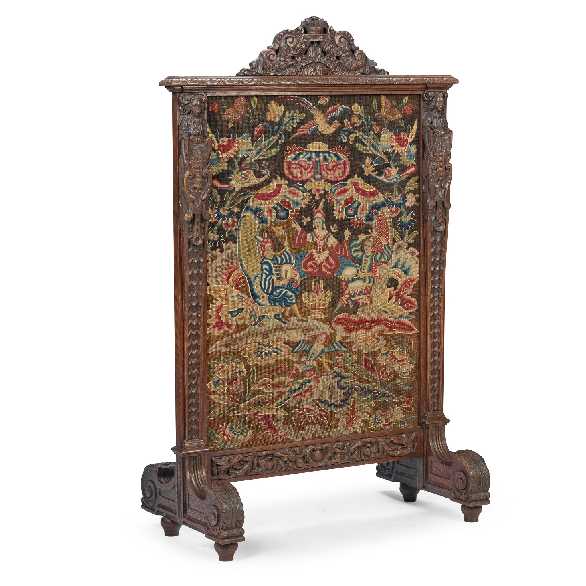 LARGE 17TH CENTURY STYLE OAK FRAMED NEEDLEWORK FIRE SCREEN