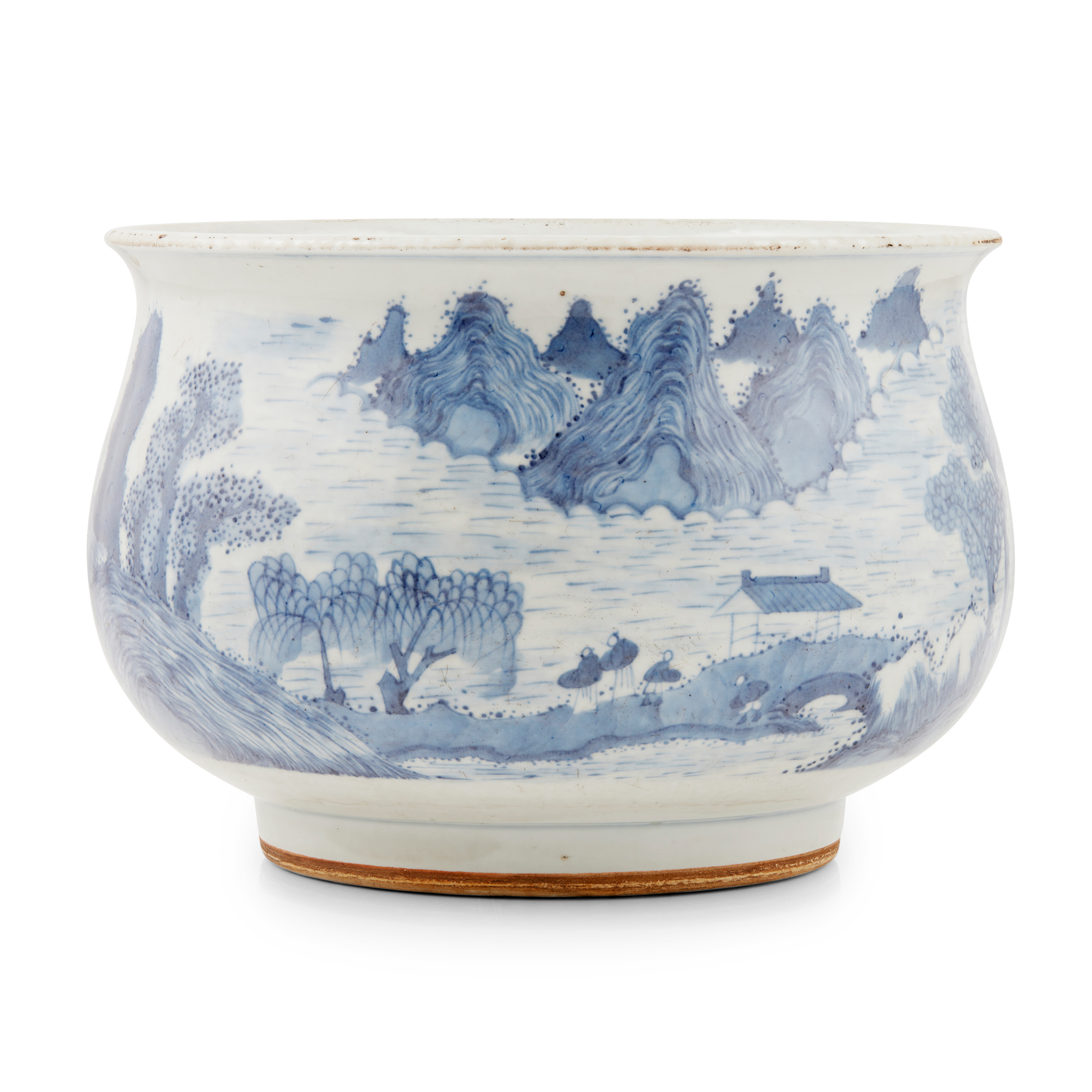 LARGE CHINESE BLUE AND WHITE "LANDSCAPE' CENSER