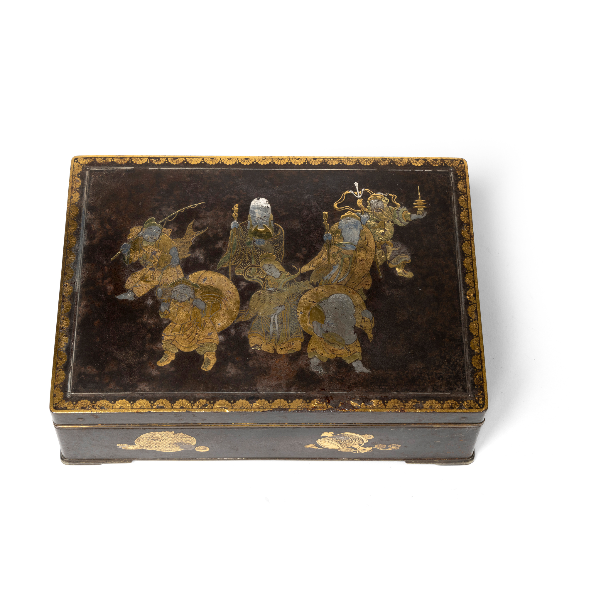 JAPANESE INLAID-IRON 'SHICHIFUKUJIN' RECTANGULAR BOX WITH COVER