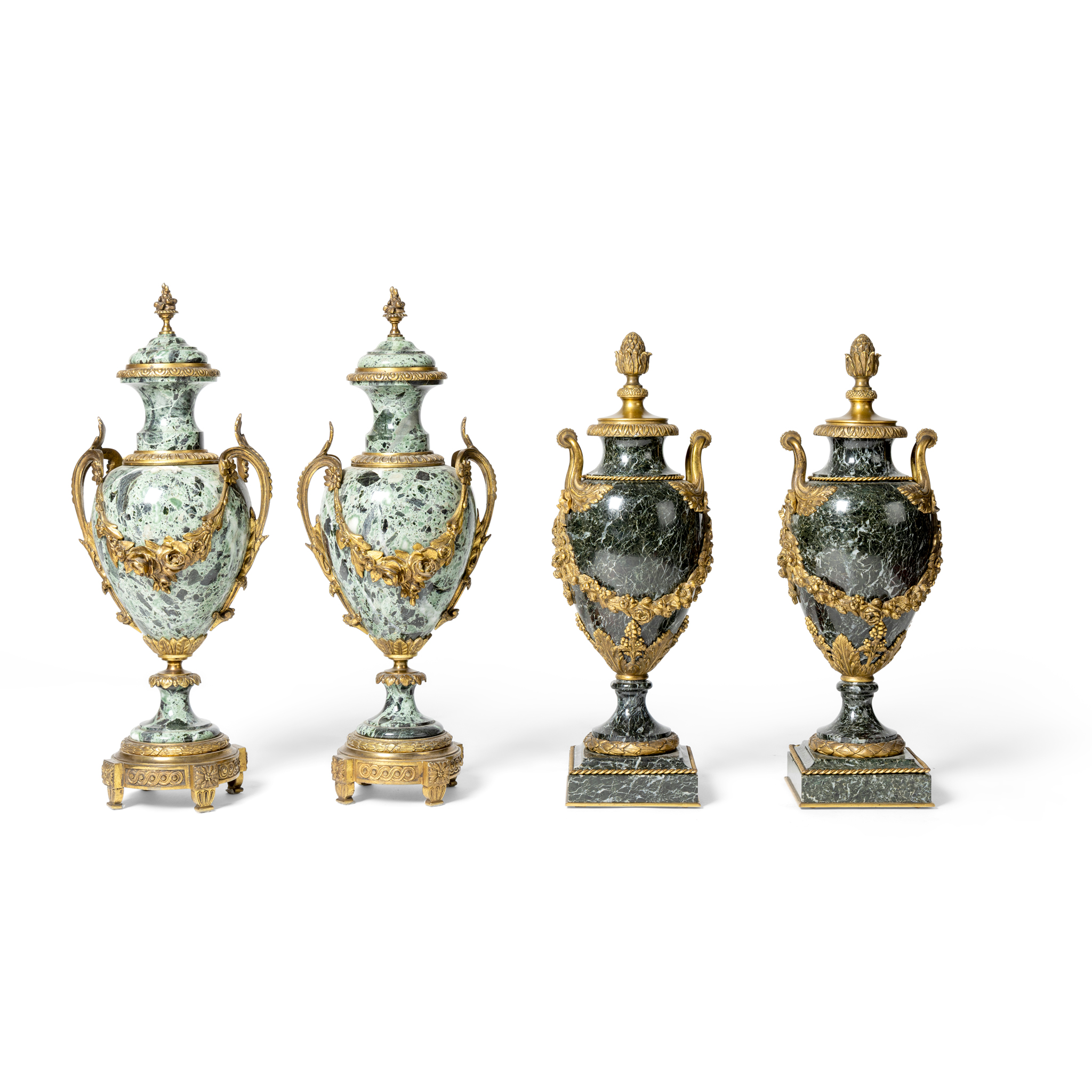 A PAIR OF GREEN MARBLE AND GILT METAL MOUNTED URNS AND COVERS