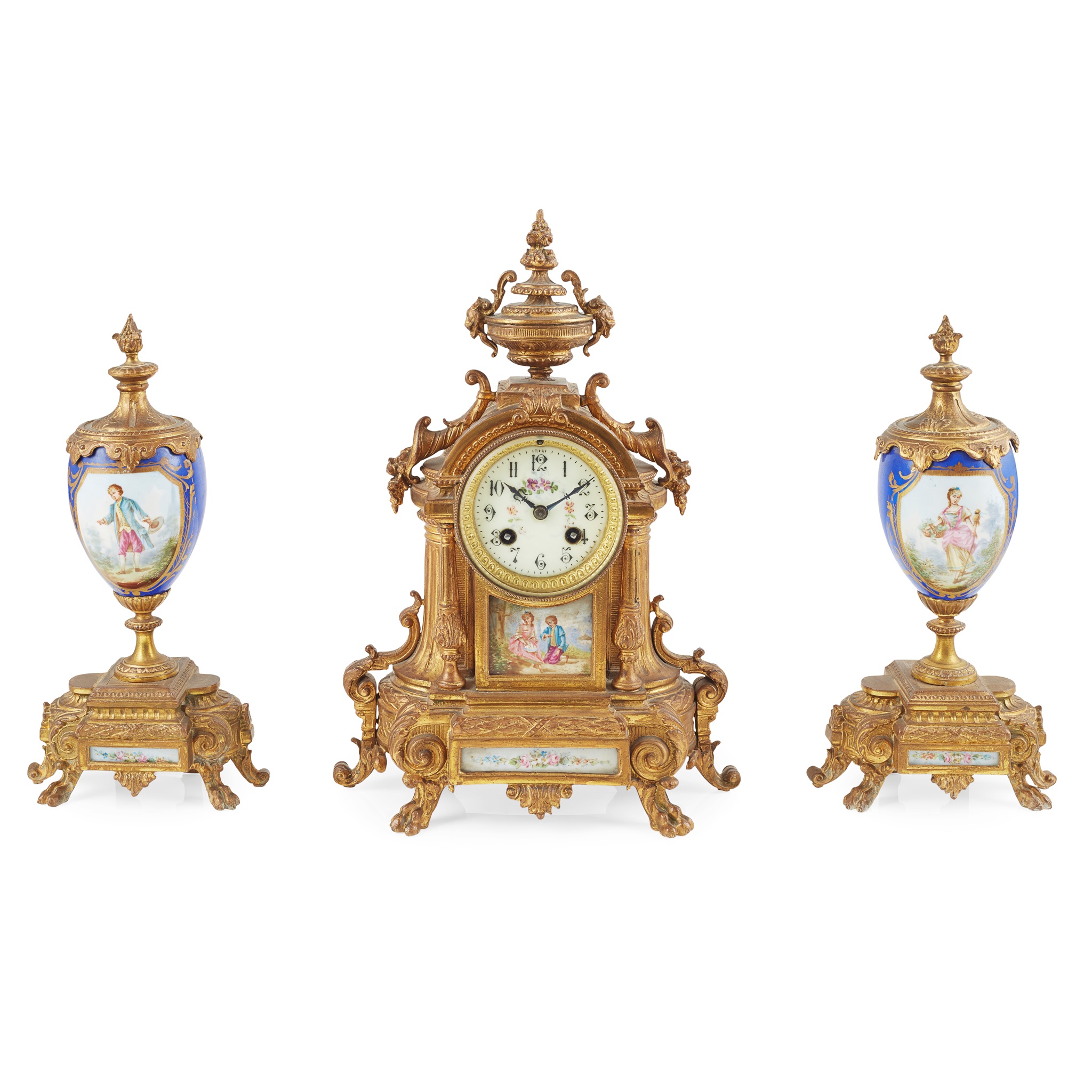FRENCH GILT METAL AND PORCELAIN THREE-PIECE CLOCK GARNITURE
