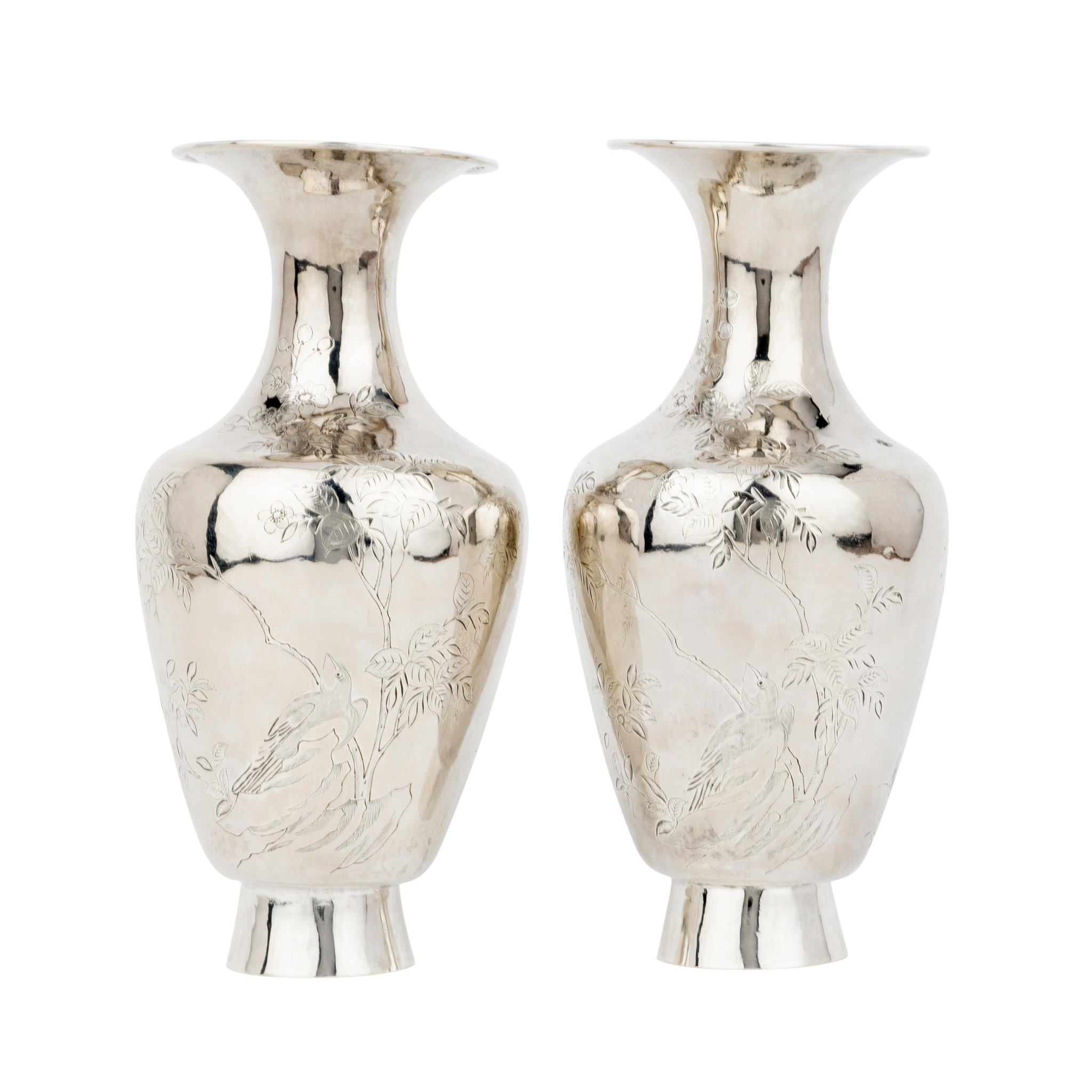 PAIR OF CHINESE SILVER 'BIRD AND FLOWER' VASES