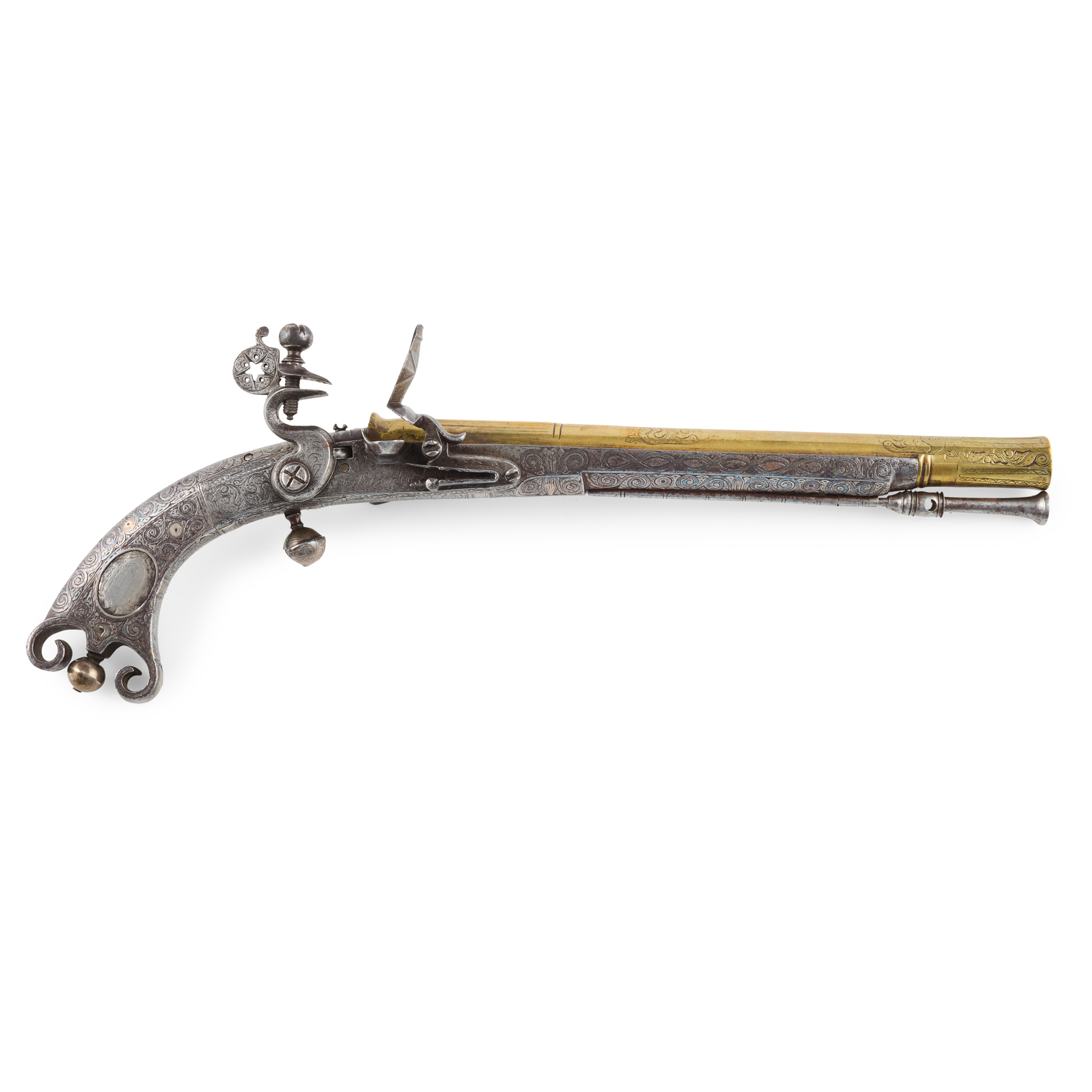 AN EARLY 18TH CENTURY SCOTTISH FLINTLOCK ALL METAL SCROLL BUTT BELT PISTOL,