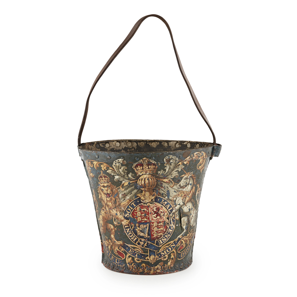 VICTORIAN BLUE PAINTED AND POLYCHROMED LEATHER FIRE BUCKET