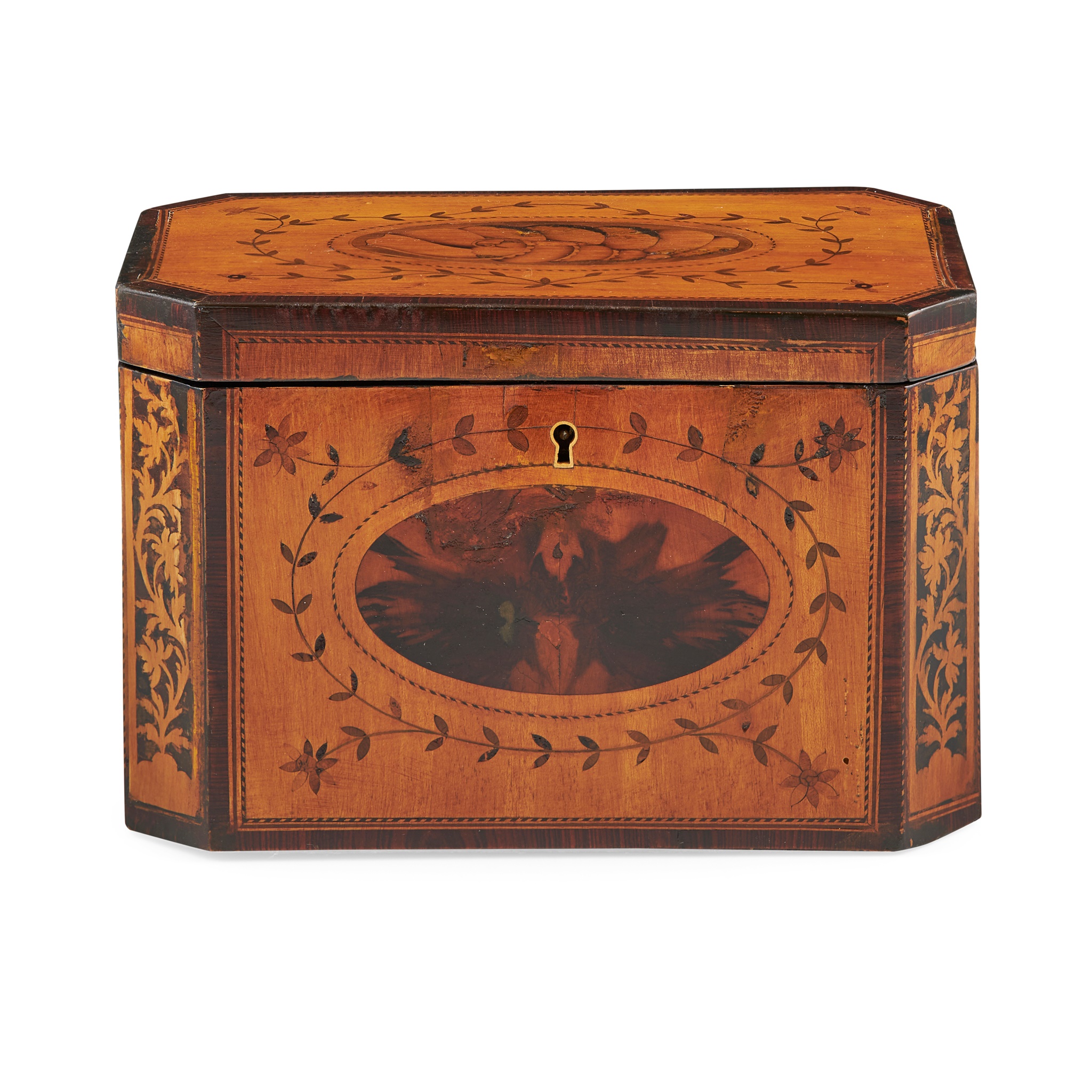 GEORGE III INLAID SATINWOOD AND FRUITWOOD TEA CADDY