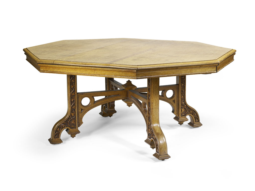 A late 19th century oak Gothic revival library table in the manner of A.W.N. Pugin By Robert Whyte & Sons, Glasgow
