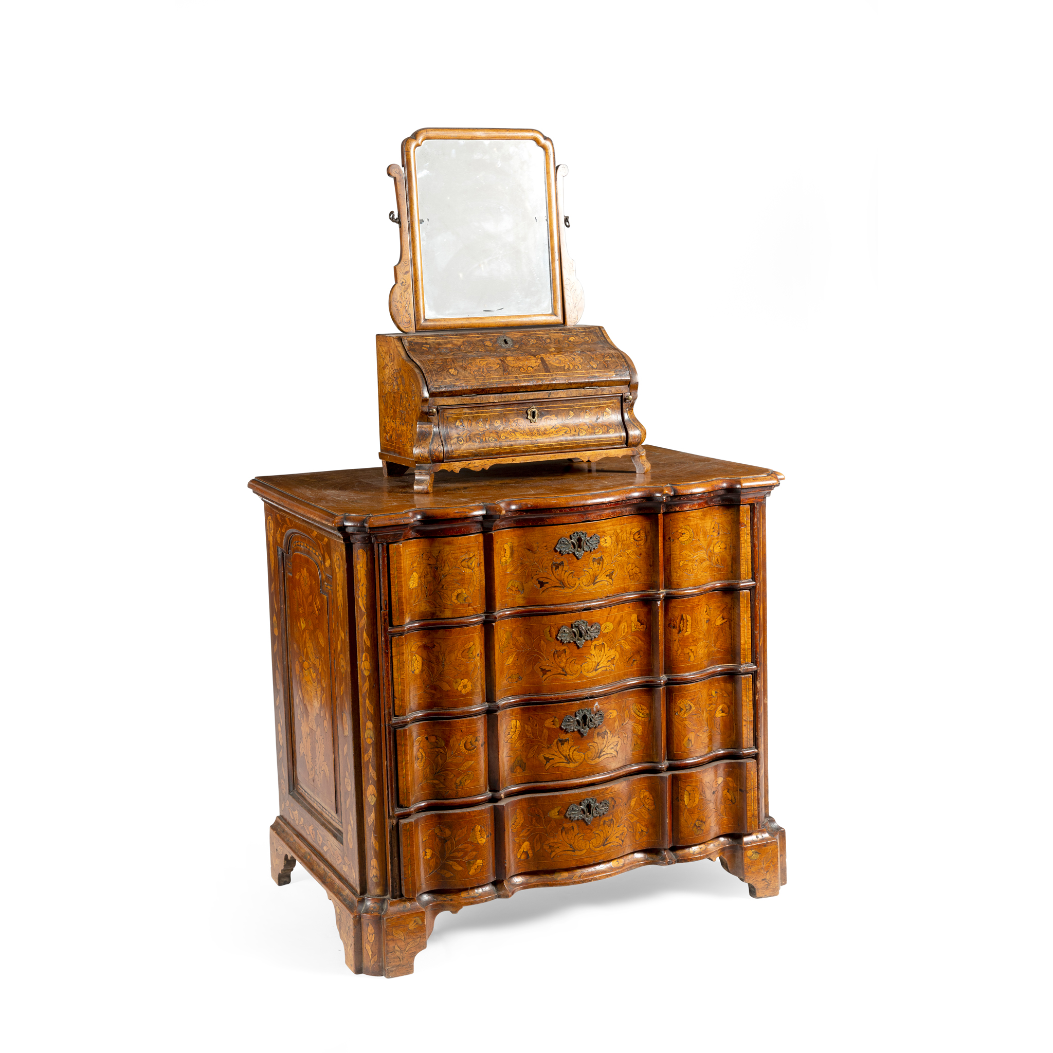 A DUTCH MARQUETRY CHEST OF DRAWERS AND MATCHED DRESSING TABLE MIRROR