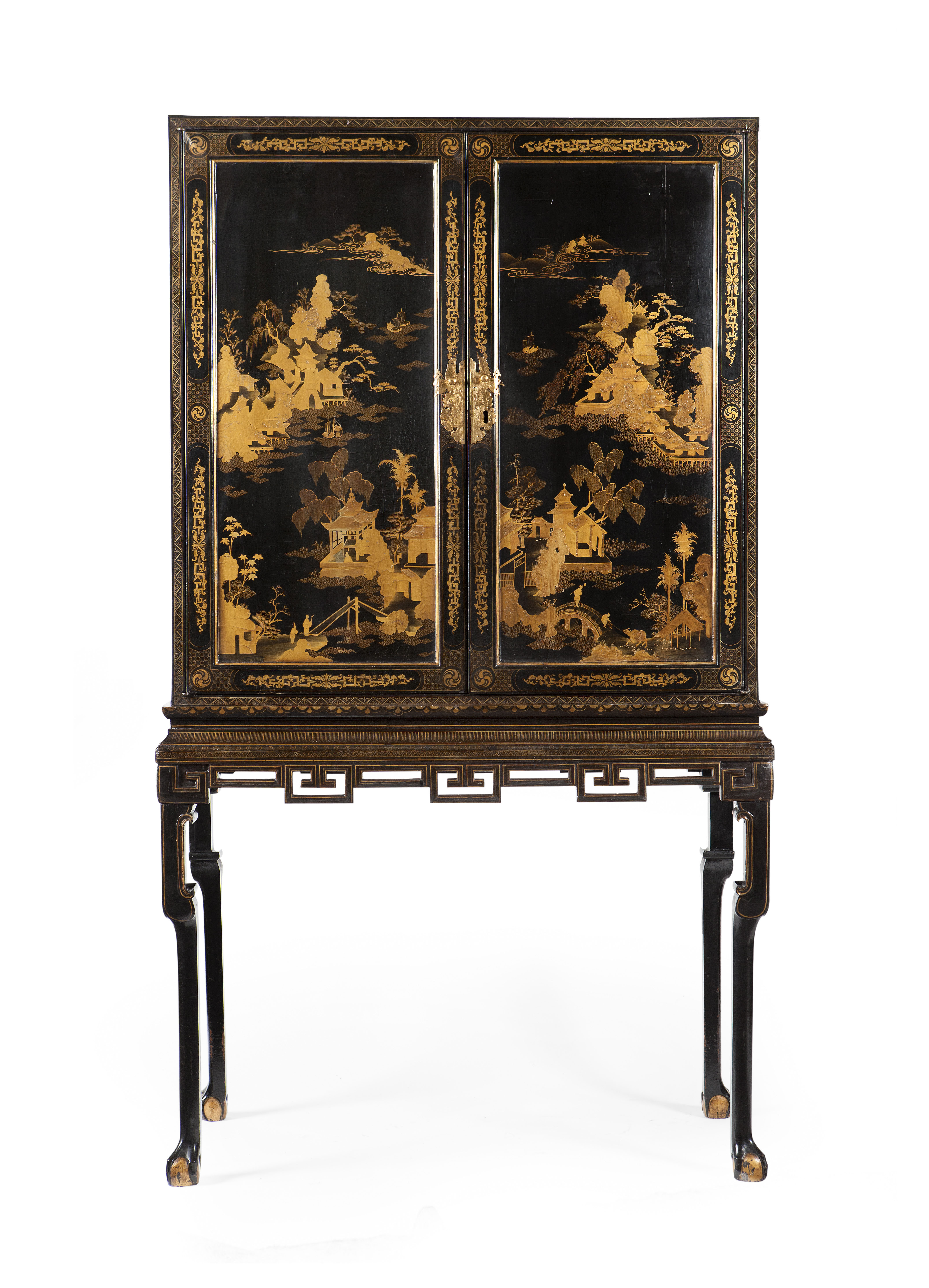 CHINESE BLACK LACQUER AND GILT CABINET ON STAND