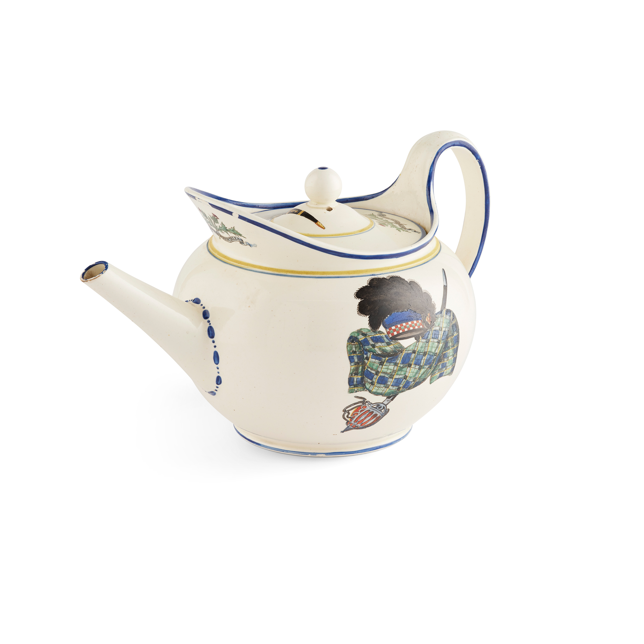 WEDGWOOD CREAMWARE TEAPOT AND COVER FROM THE 'GORDON HIGHLANDERS SERVICE'