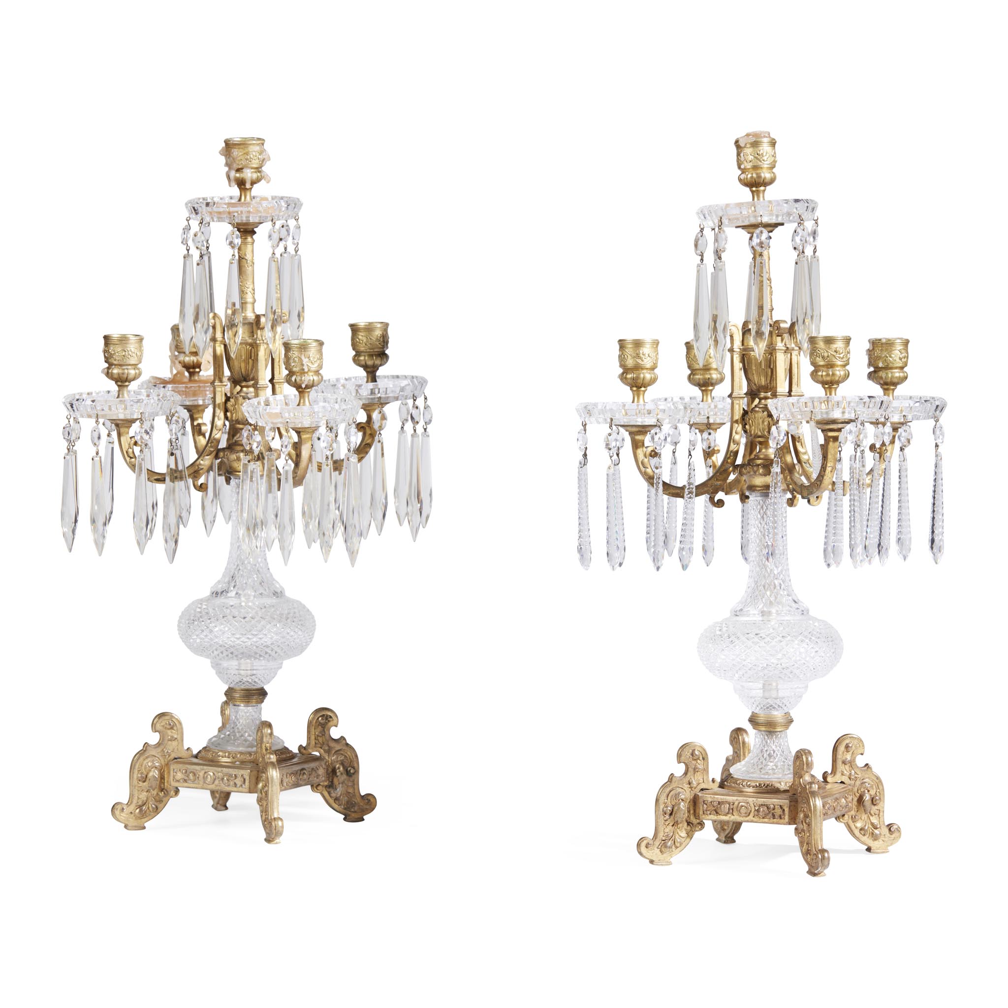 PAIR OF CUT GLASS AND GILT METAL FIVE LIGHT CANDELABRA