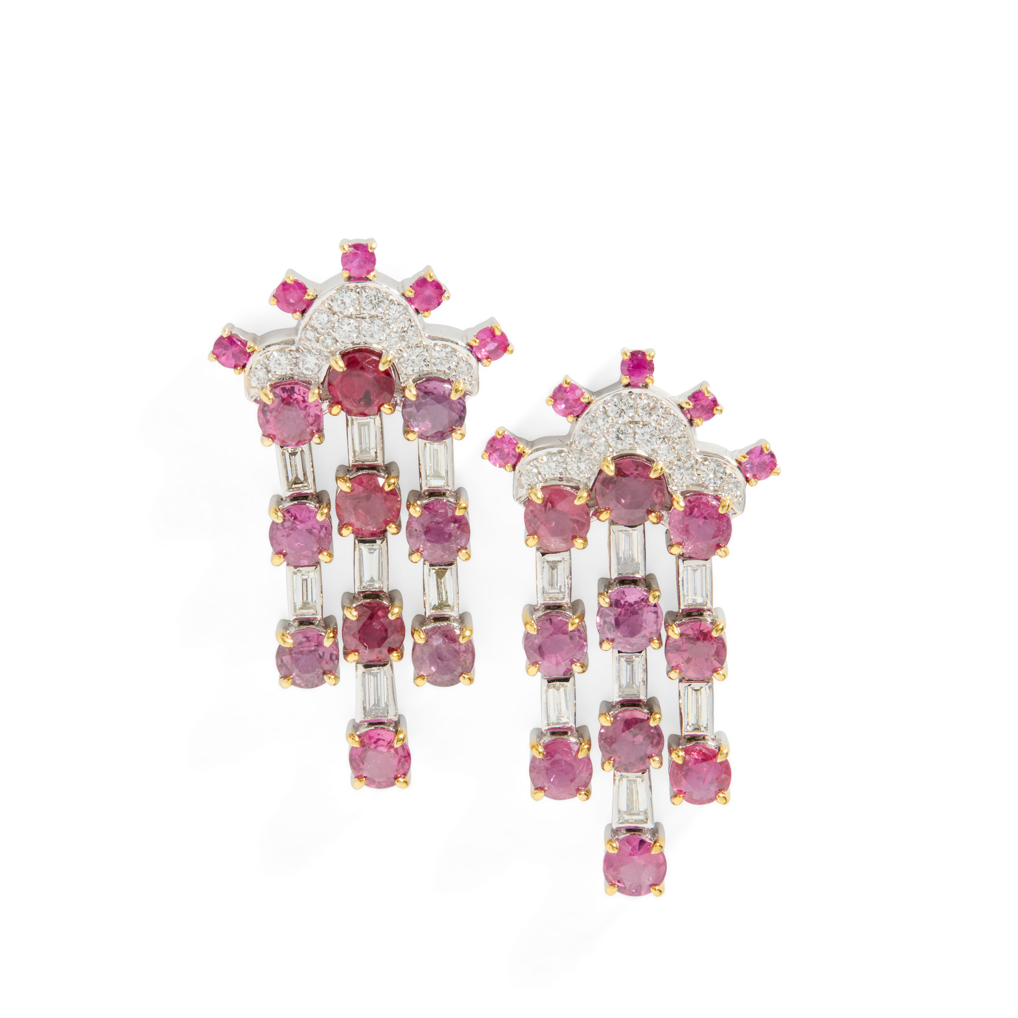 A pair of ruby and diamond pendent earrings