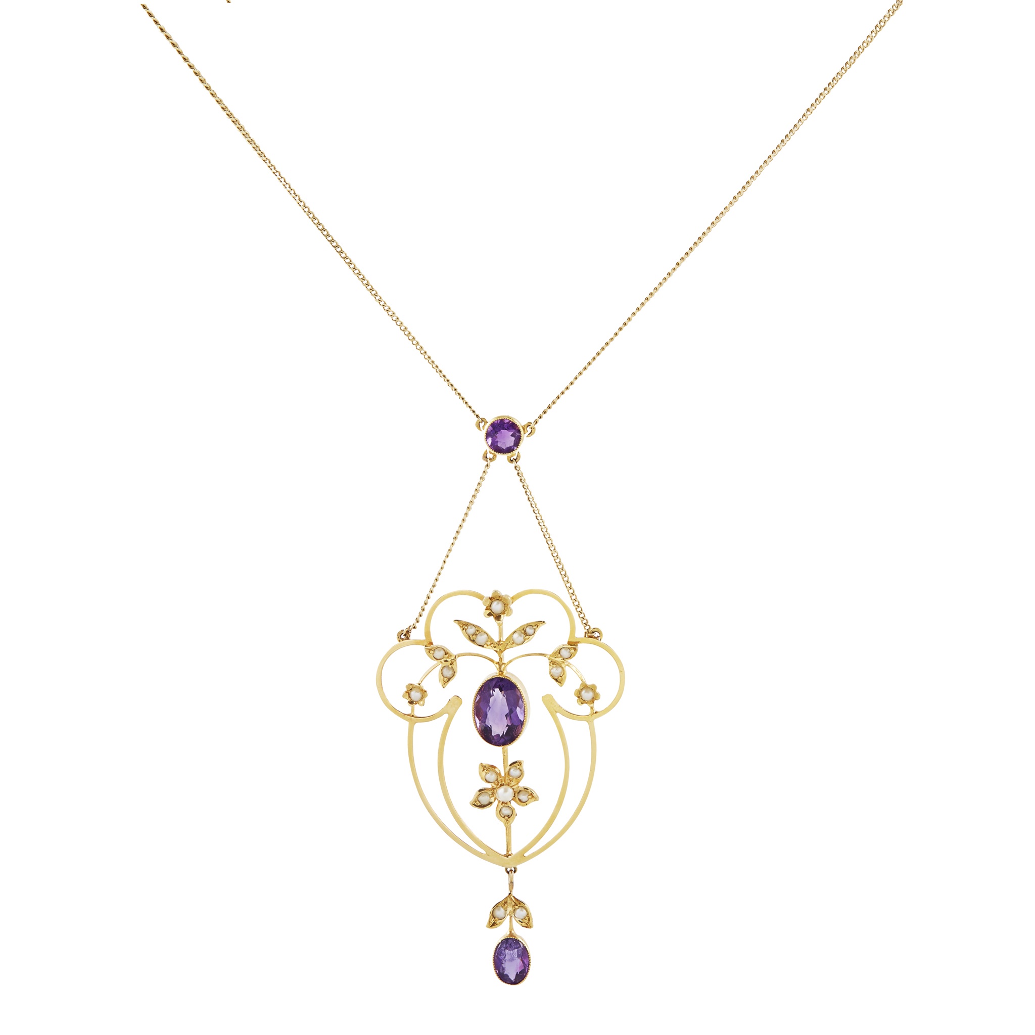 A Belle Époque amethyst and seed pearl set pendant