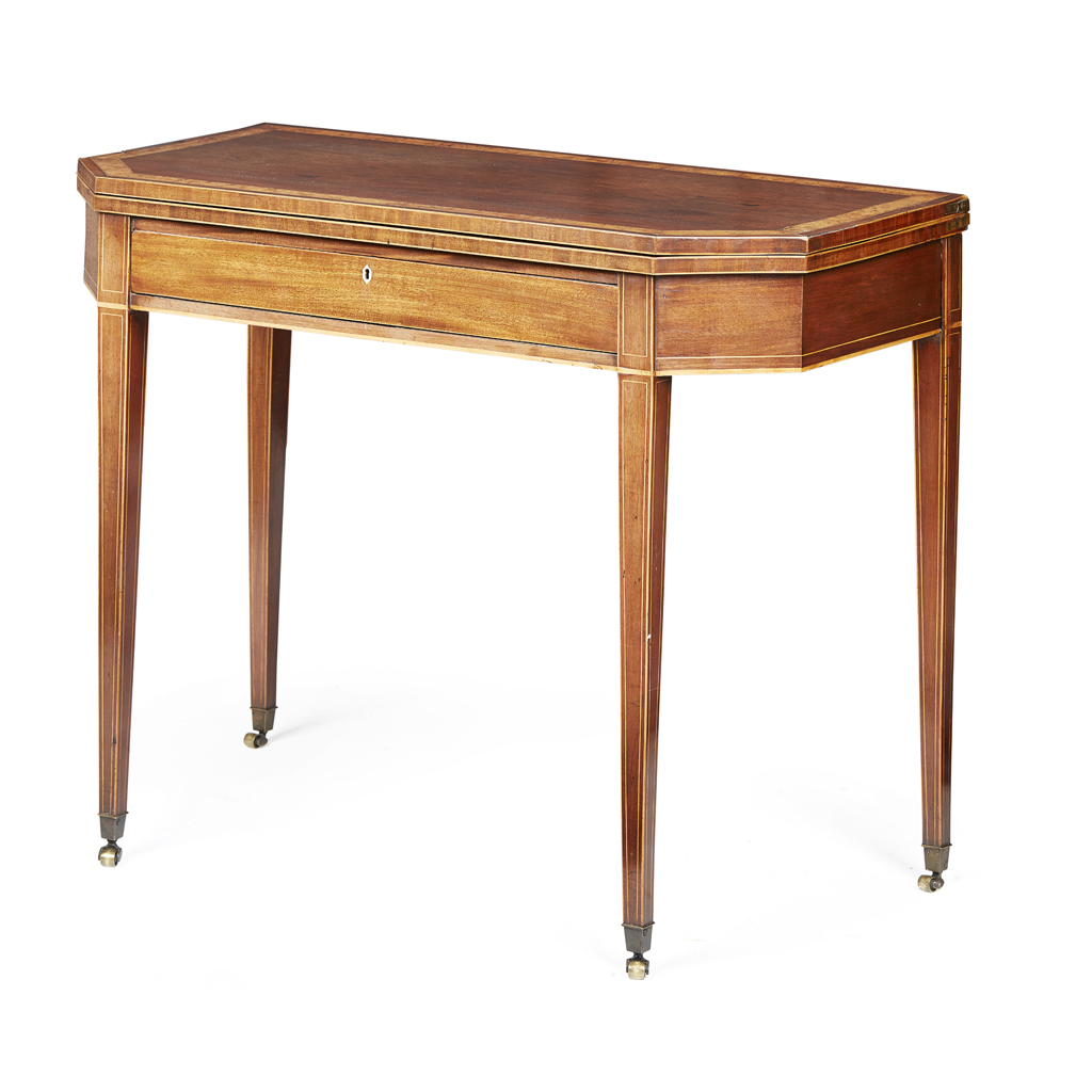 GEORGE III MAHOGANY AND YEW-WOOD FOLDOVER TEA TABLE