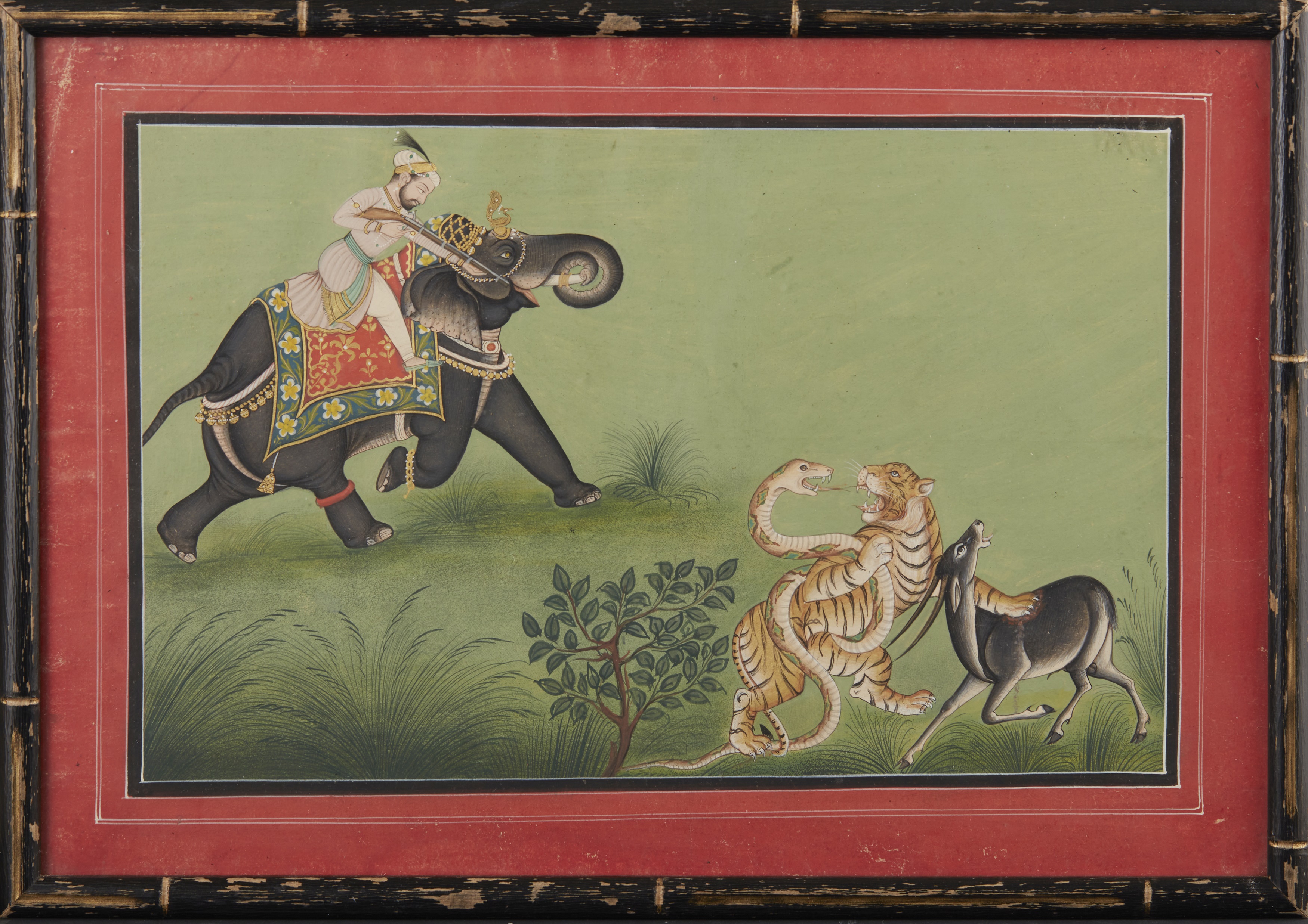 SIKH MAHARAJA ON AN ELEPHANT HUNTING SNAKE ENWRAPPED TIGER AND ANTELOPE