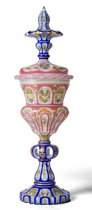 An impressive late 19th century Bohemian opaque, pink and blue glass pedestal vase and cover