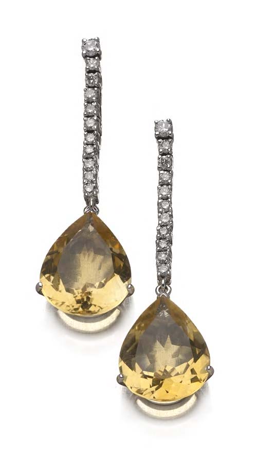 A pair of citrine and diamond pendant earrings,