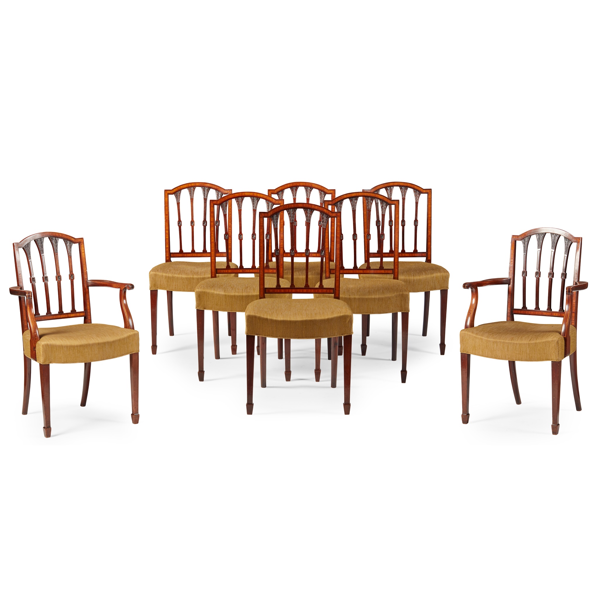SET OF EIGHT SHERATON STYLE MAHOGANY AND SATINWOOD DINING CHAIRS