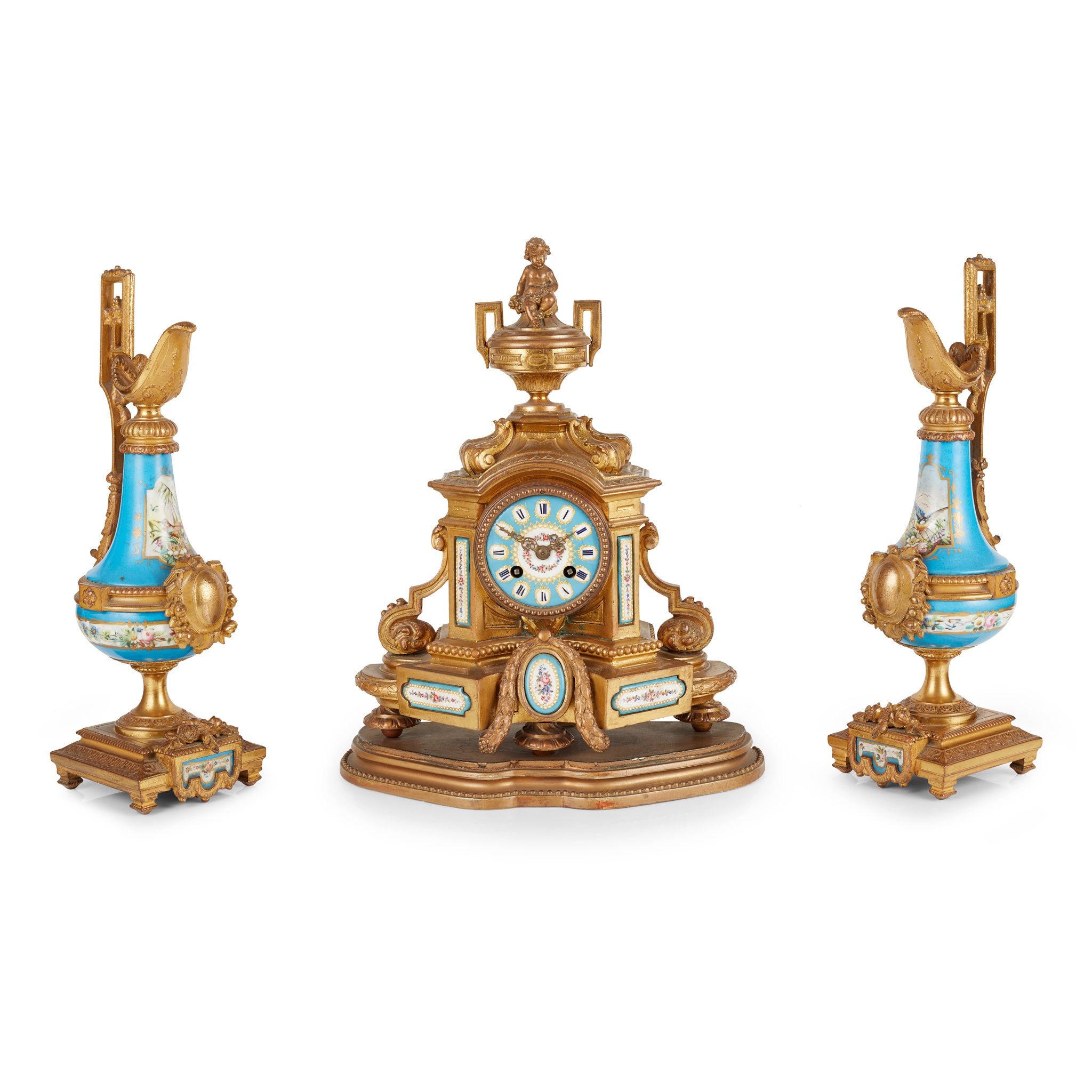 FRENCH PORCELAIN AND GILT BRONZE MANTEL CLOCK GARNITURE, PHILLIPE MOUREY, PARIS