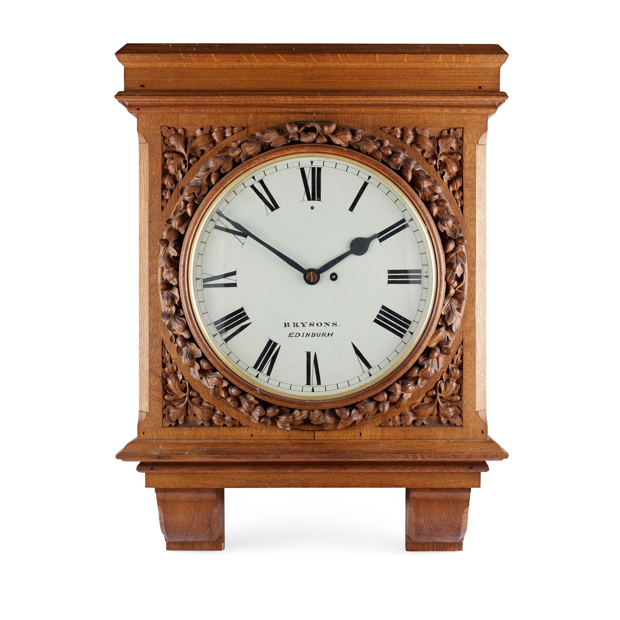 SCOTTISH CARVED OAK WALL BRACKET DIAL CLOCK, BY BRYSONS, EDINBURGH