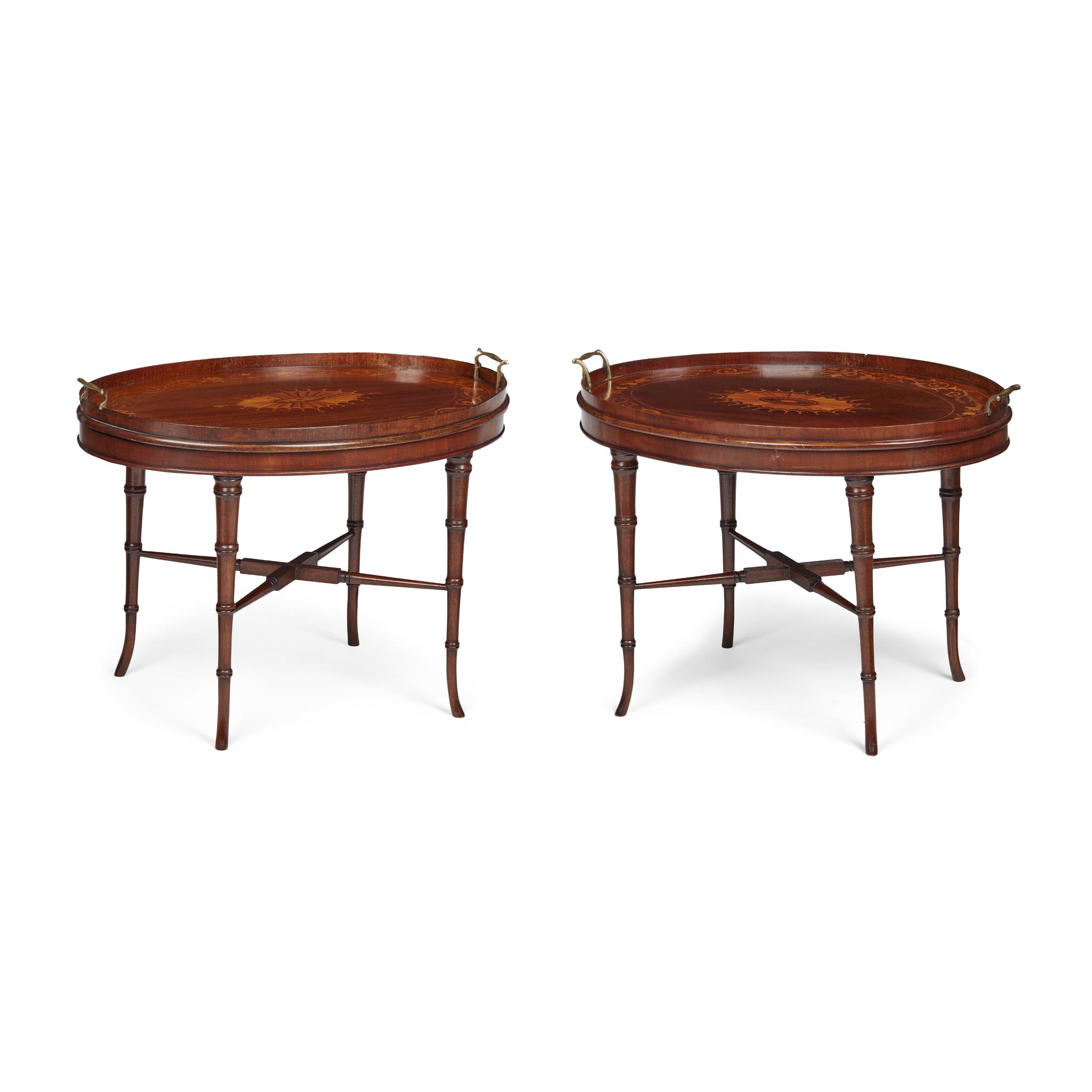 MATCHED PAIR OF GEORGIAN STYLE MAHOGANY AND INLAID OVAL TRAYS-ON-STANDS
