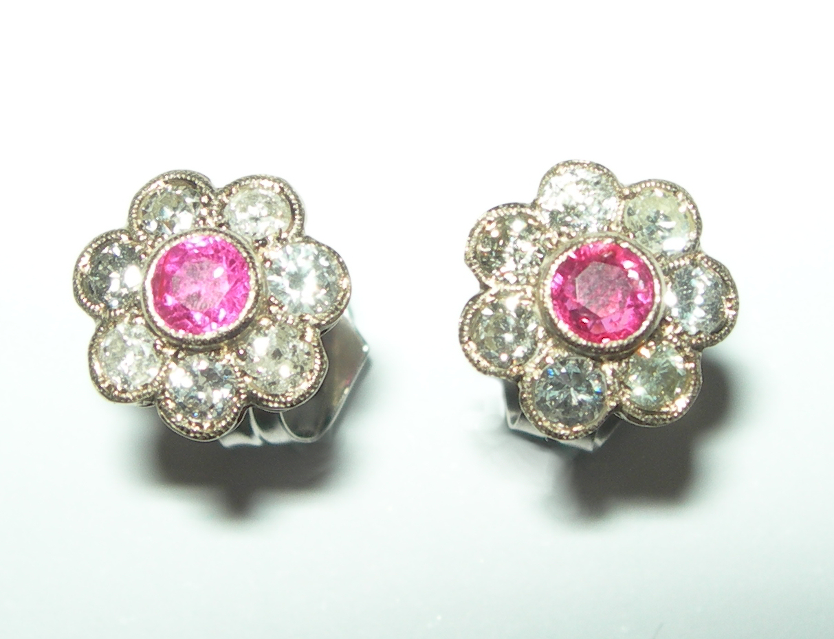 A pair of ruby and diamond floral cluster earrings,