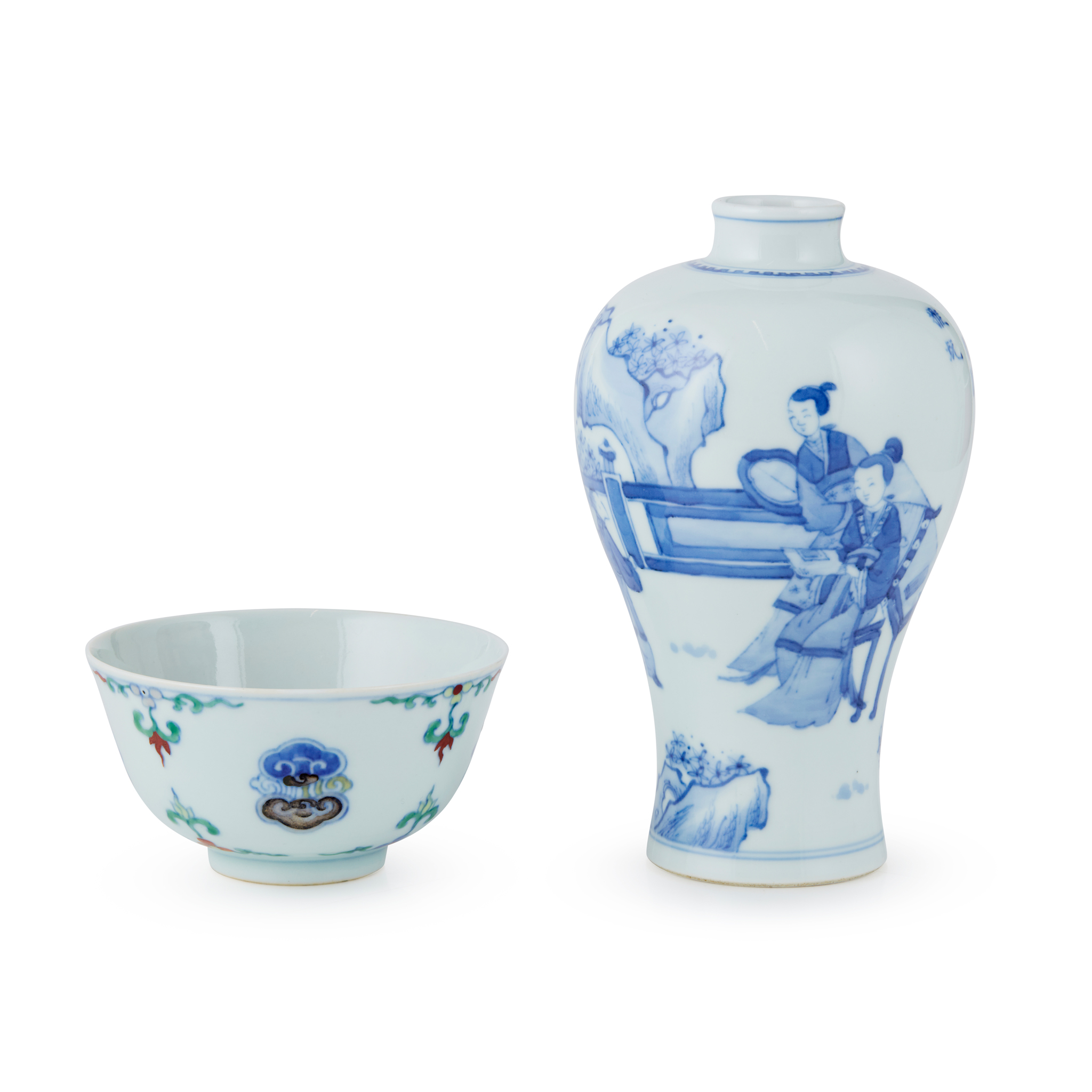 A CHINESE BLUE AND WHITE VASE AND A DOUCAI BOWL