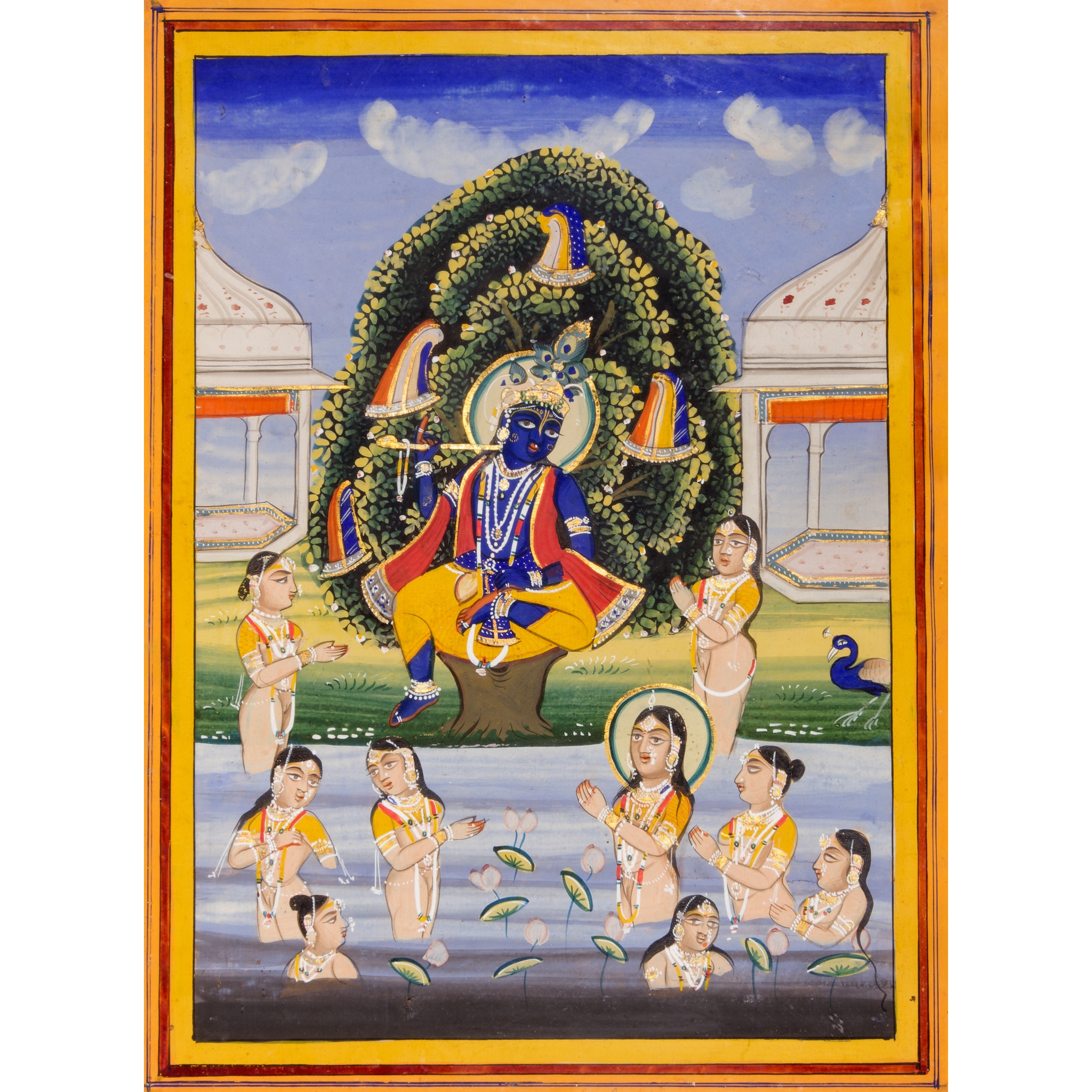 KRISHNA UP A TREE PLAYING THE FLUTE TO THE GOPIS