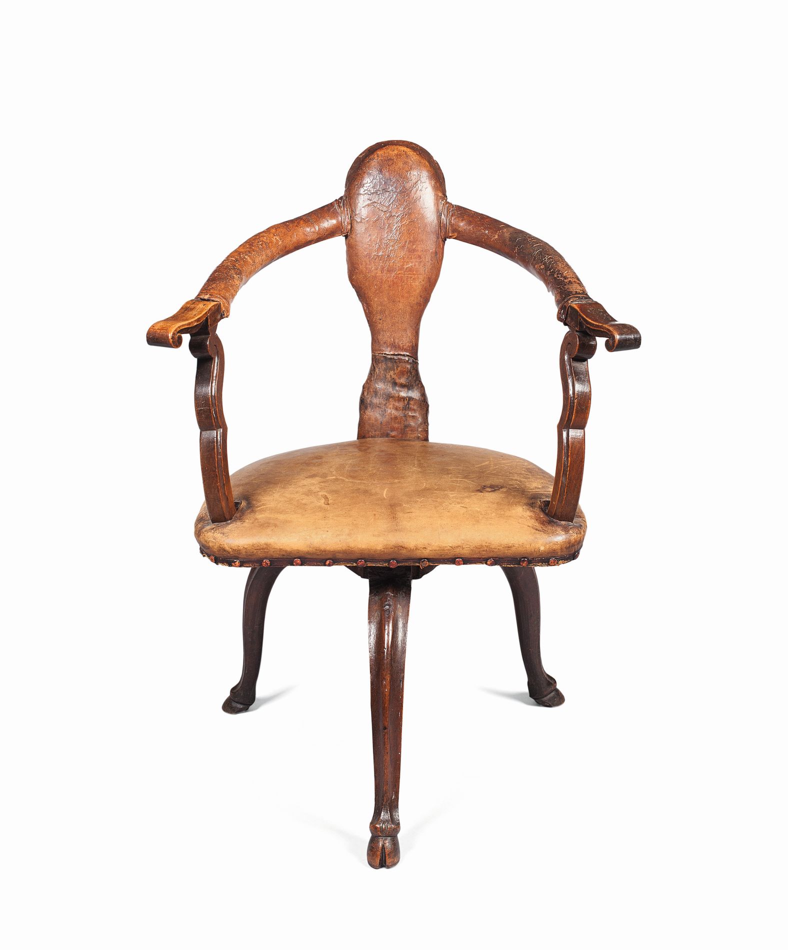 CONTINENTAL WALNUT AND LEATHER UPHOLSTERED WRITING CHAIR
