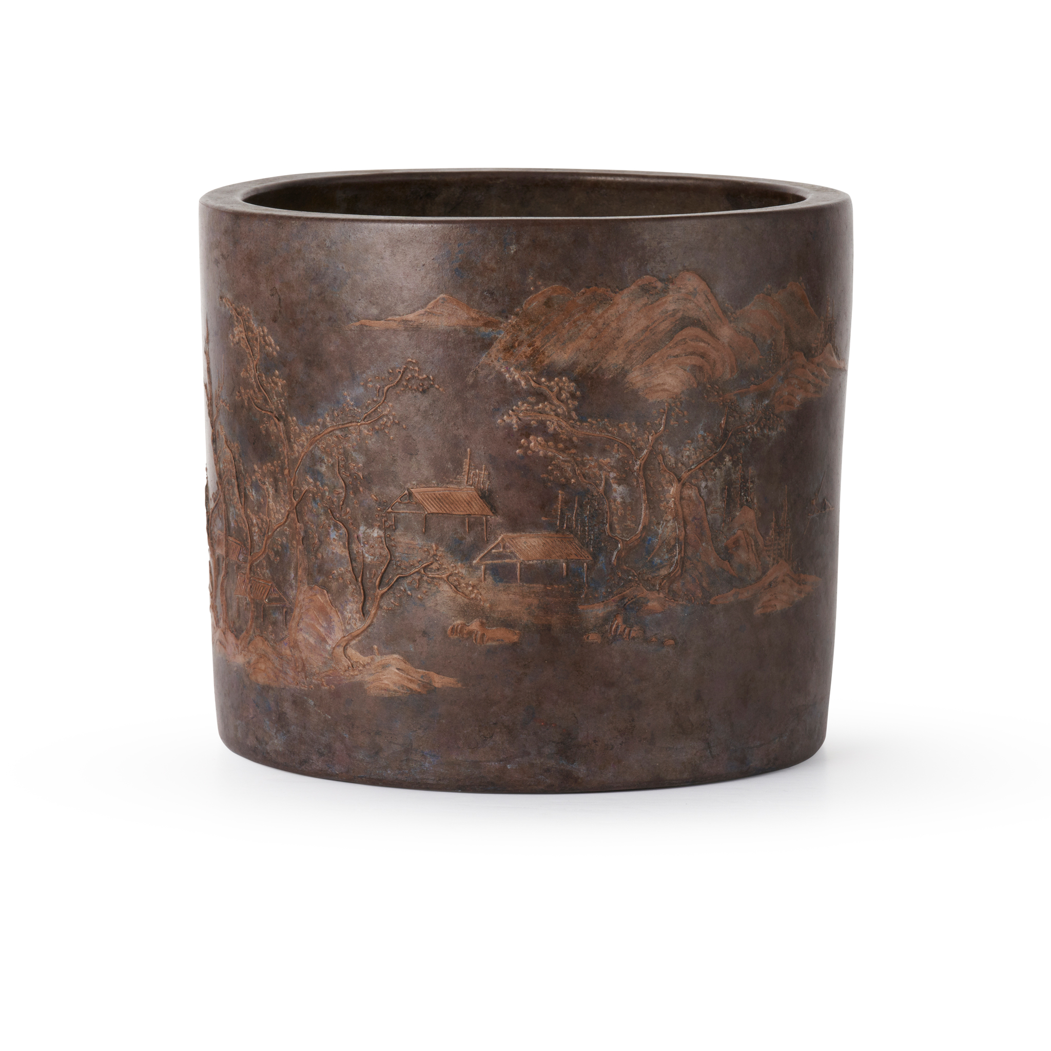 CHINESE YIXING STONEWARE SLIP-DECORATED 'LANDSCAPE' BRUSH POT